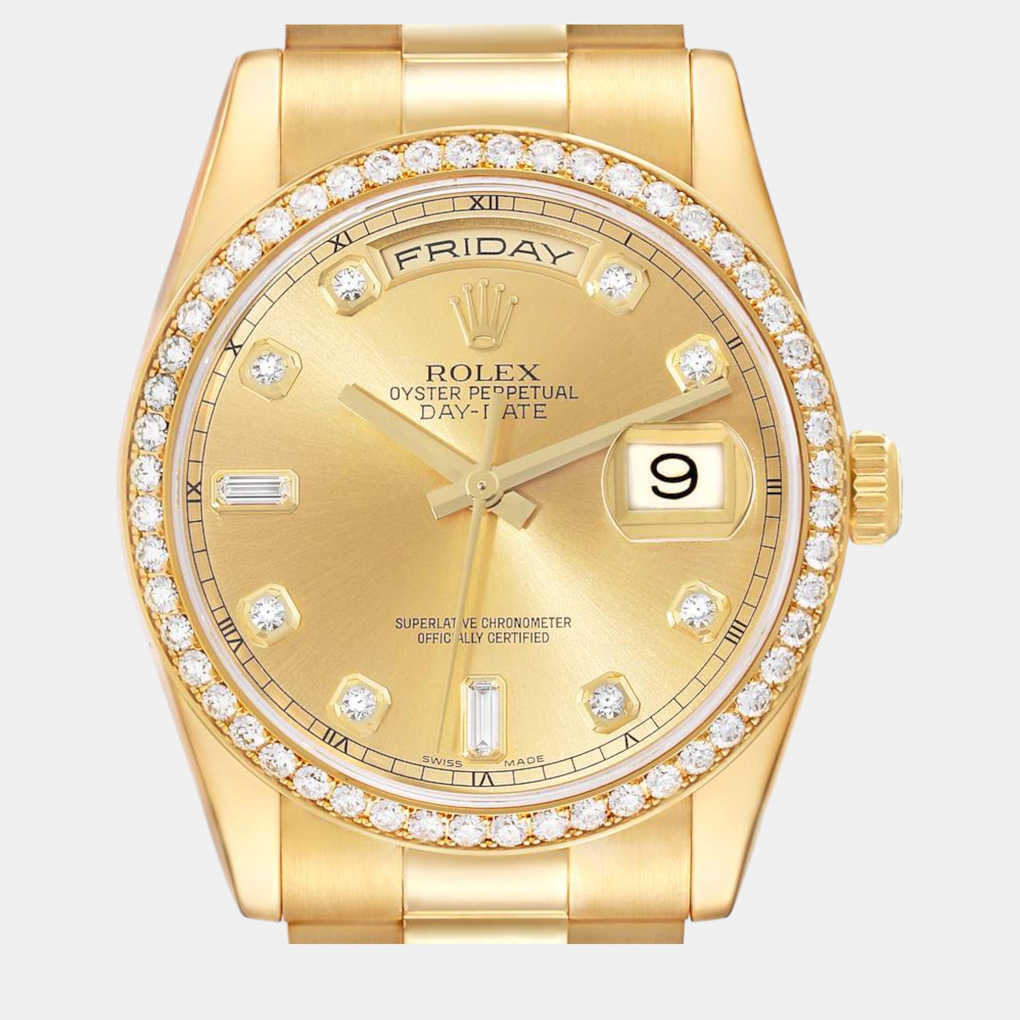 

Rolex Day Date President Yellow Gold Diamond Bezel Men's Watch 118348 36 mm