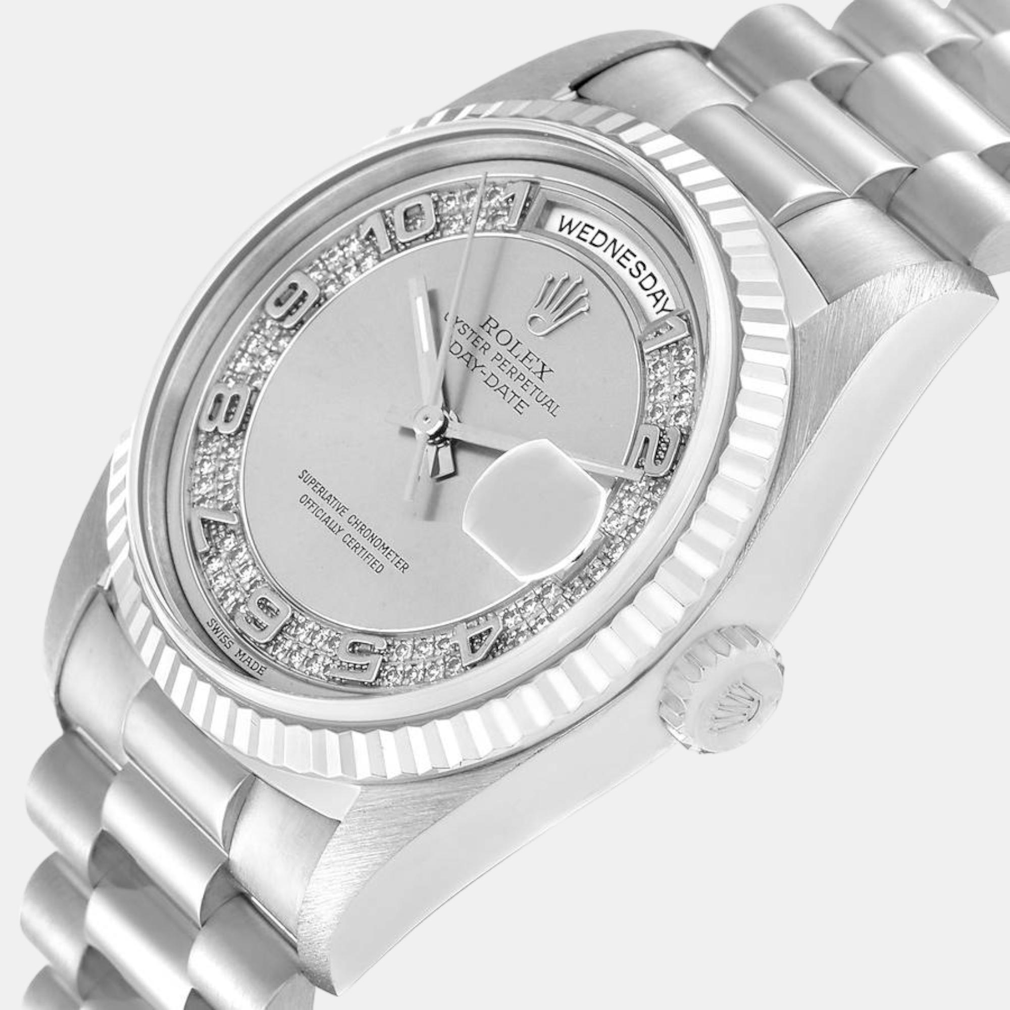 

Rolex President Day-Date White Gold Myriad Diamond Dial Men's Watch 18239 36 mm, Silver