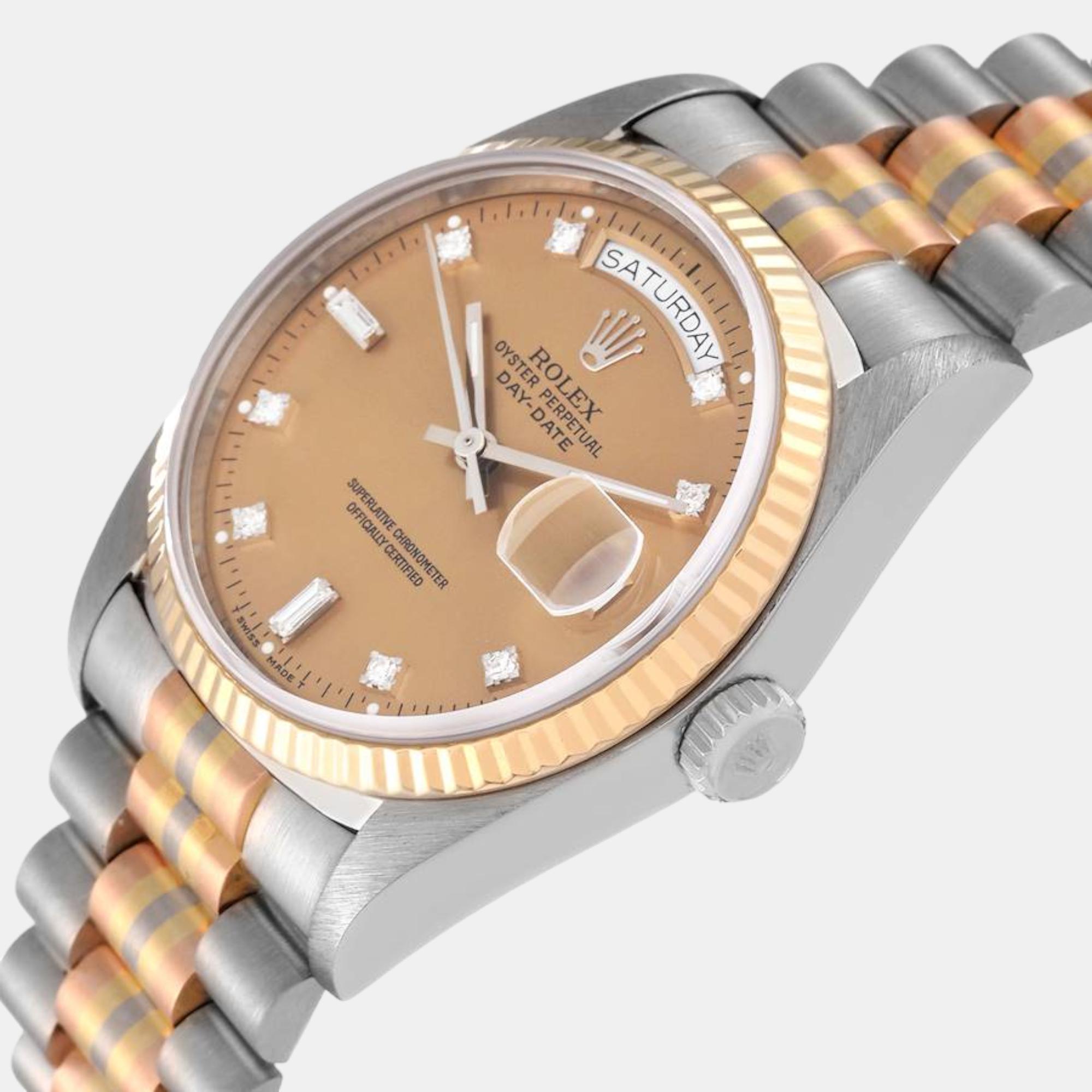 

Rolex President Day-Date Tridor White Yellow Rose Gold Diamond Men's Watch 18039 36 mm, Brown