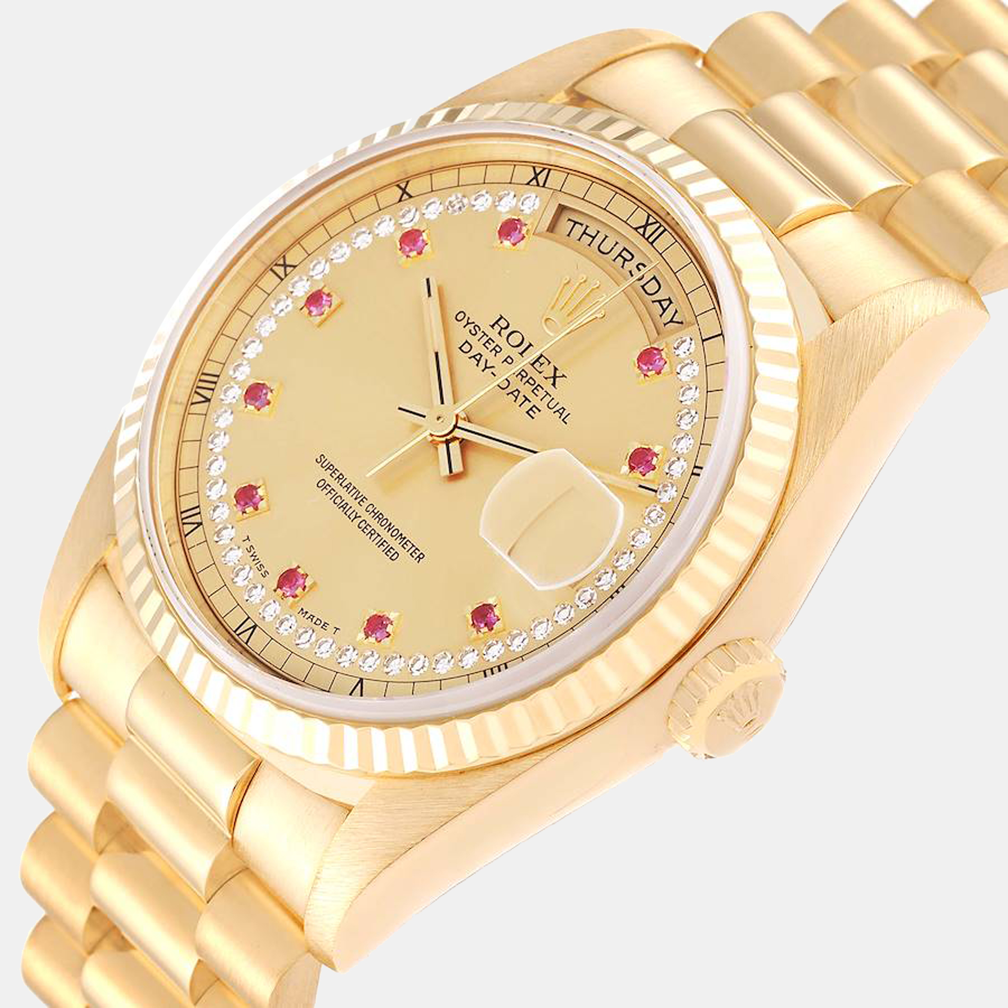 

Rolex President Day-Date Yellow Gold String Diamond Ruby Dial Men's Watch 18238 36 mm