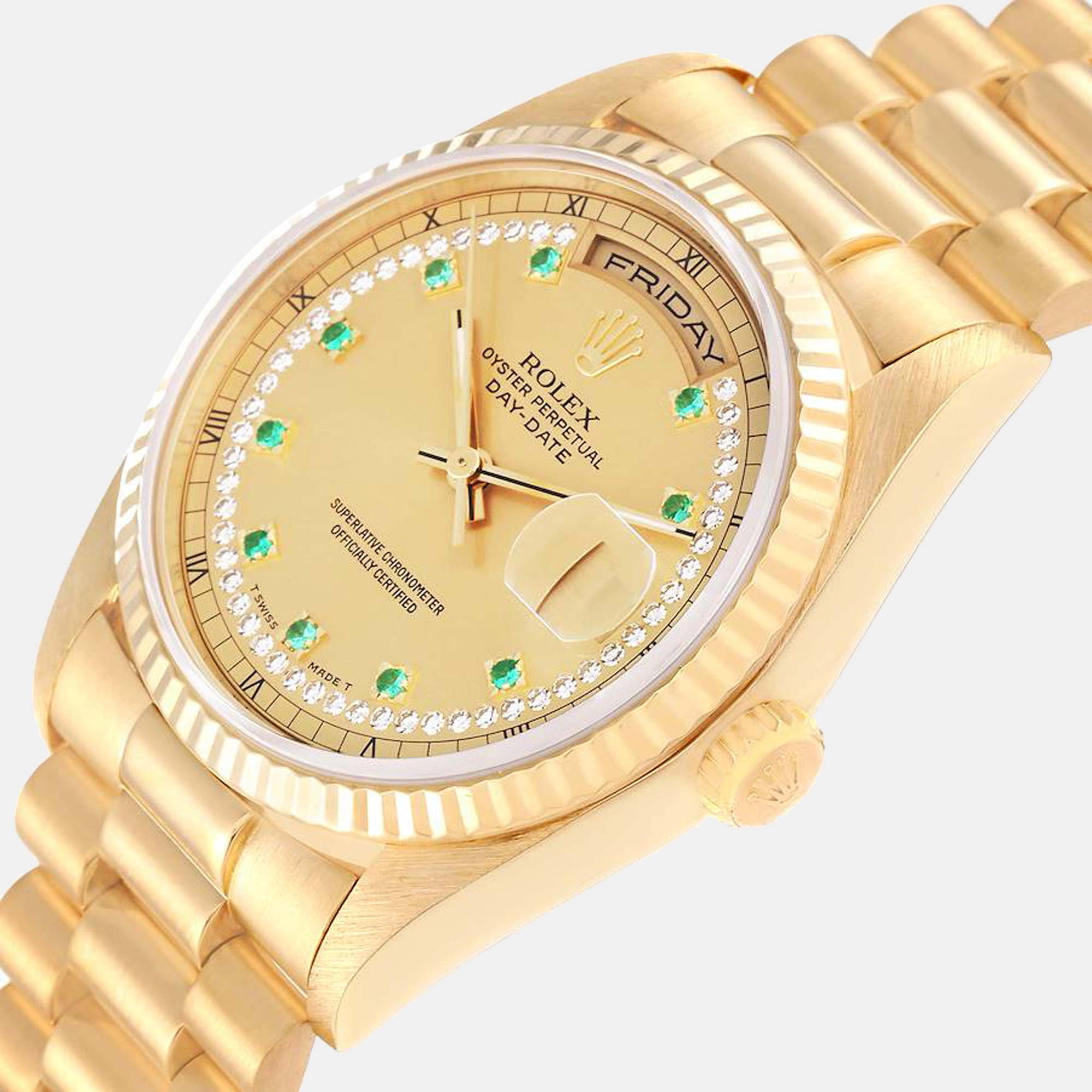 

Rolex Day-Date President Yellow Gold String Diamond Emerald Men's Watch 18238 36 mm