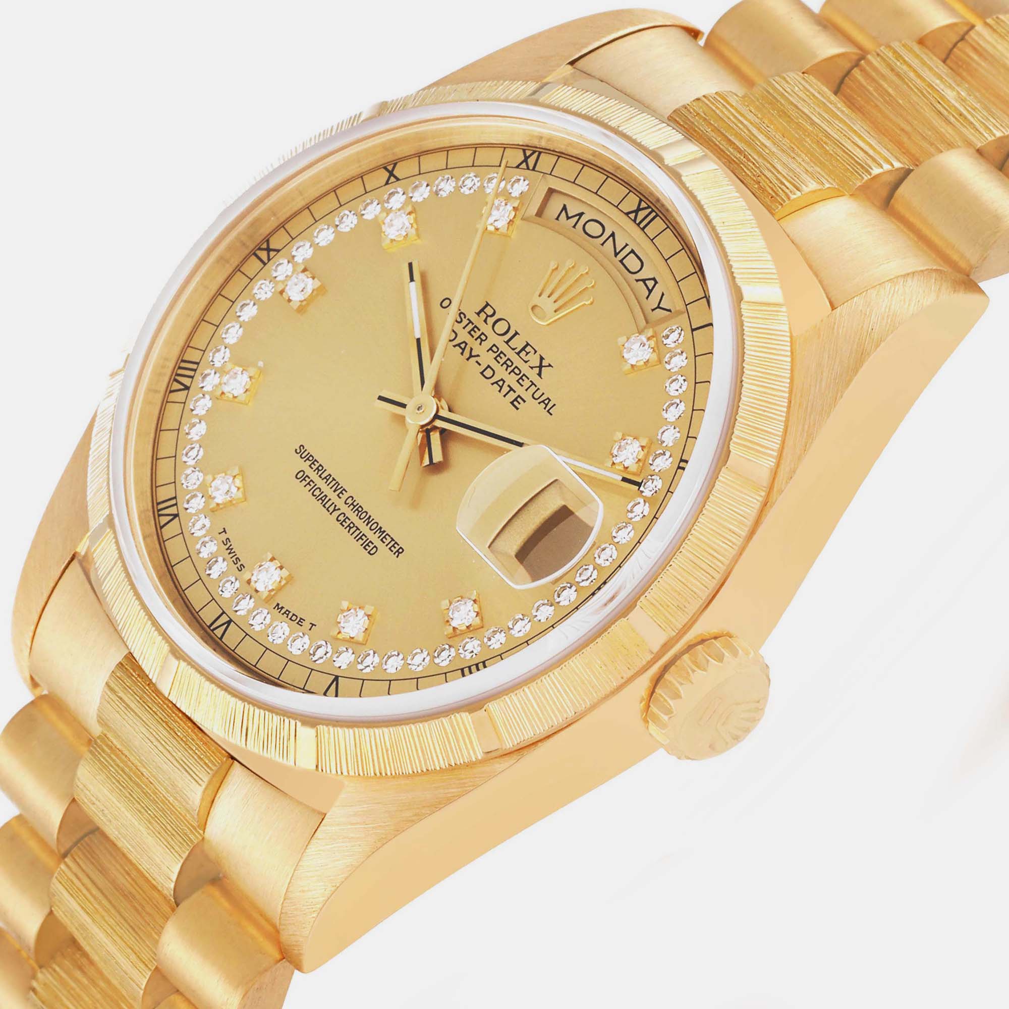 

Rolex President Day-Date Yellow Gold Bark Diamond Dial Men's Watch 18248 36 mm