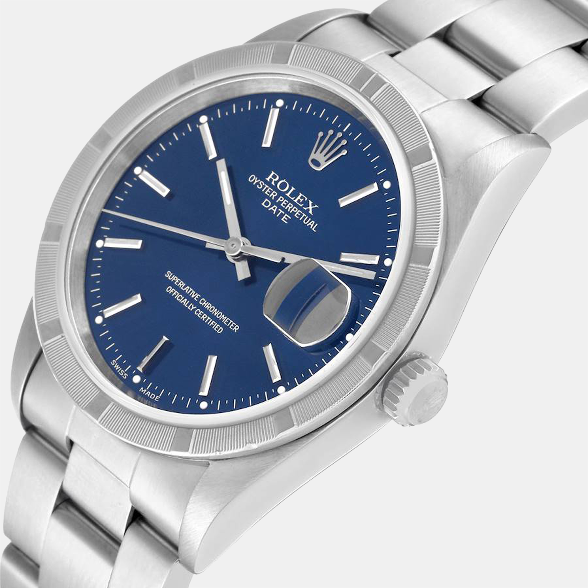 

Rolex Date Blue Dial Engine Turned Bezel Steel Men's Watch 15210 34 mm