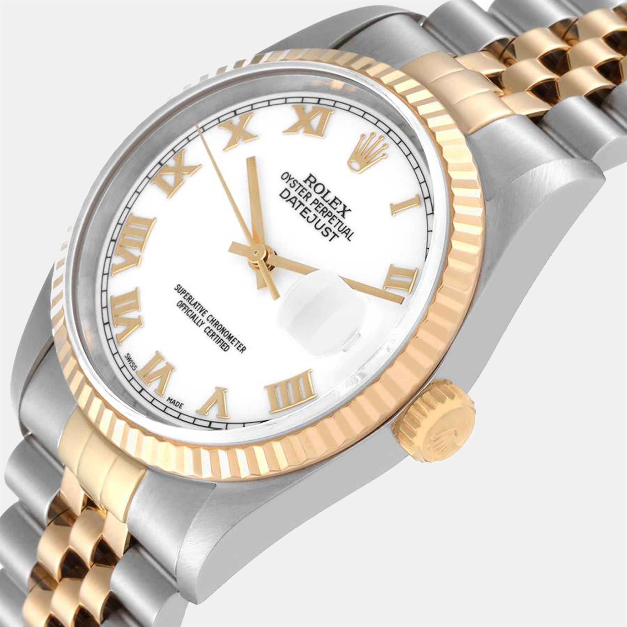 

Rolex Datejust Steel Yellow Gold White Roman Dial Mens Watch 16233 36 mm