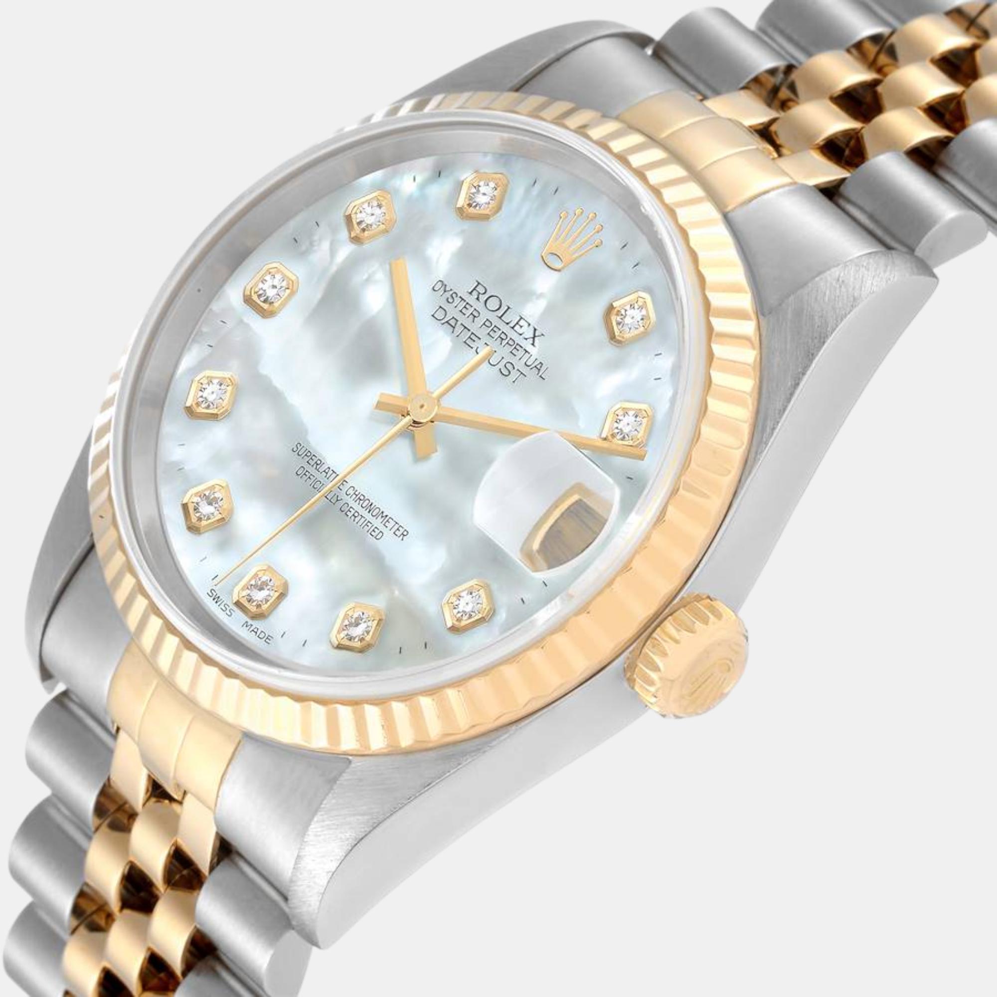 

Rolex Datejust Steel Yellow Gold Mother of Pearl Diamond Dial Mens Watch 16233, White