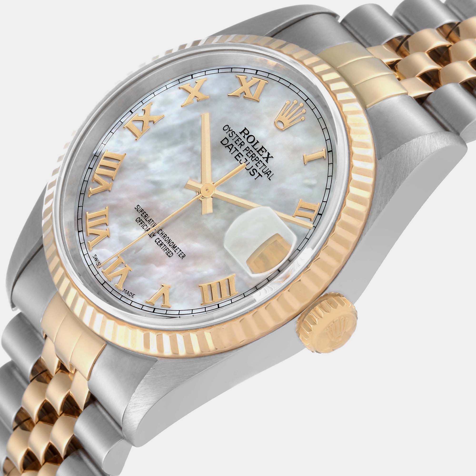 

Rolex Datejust Steel Yellow Gold Mother of Pearl Dial Mens Watch 16233 36 mm, Silver
