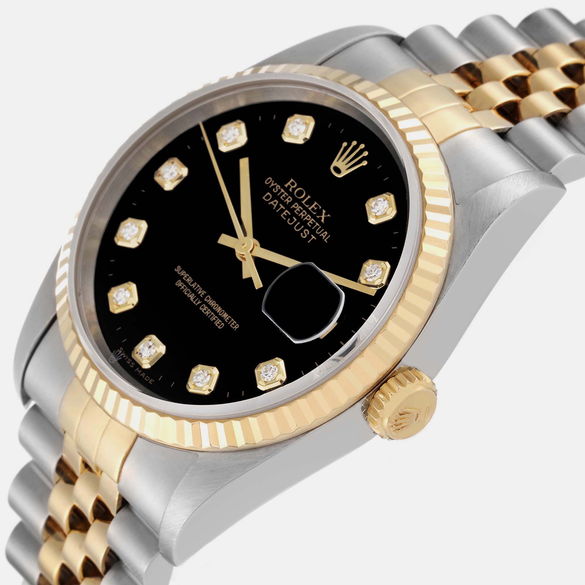 

Rolex Datejust Steel Yellow Gold Black Diamond Dial Men's Watch 16233 36 mm