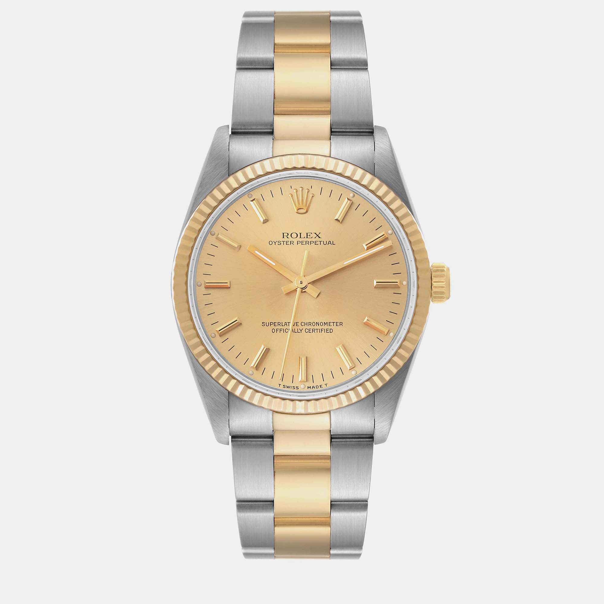 Preowned Rolex Oyster Perpetual Fluted Bezel Steel Yellow Gold Mens Watch 14233 34 Mm ModeSens