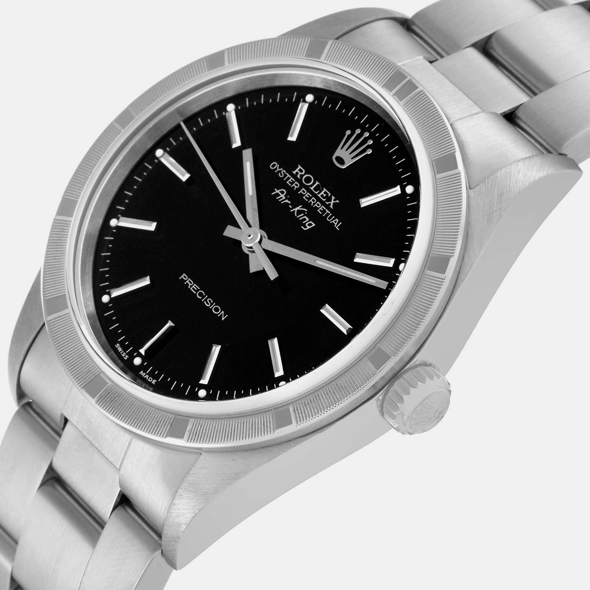 

Rolex Air King Steel Engine Turned Bezel Black Dial Men's Watch 14010 34 mm