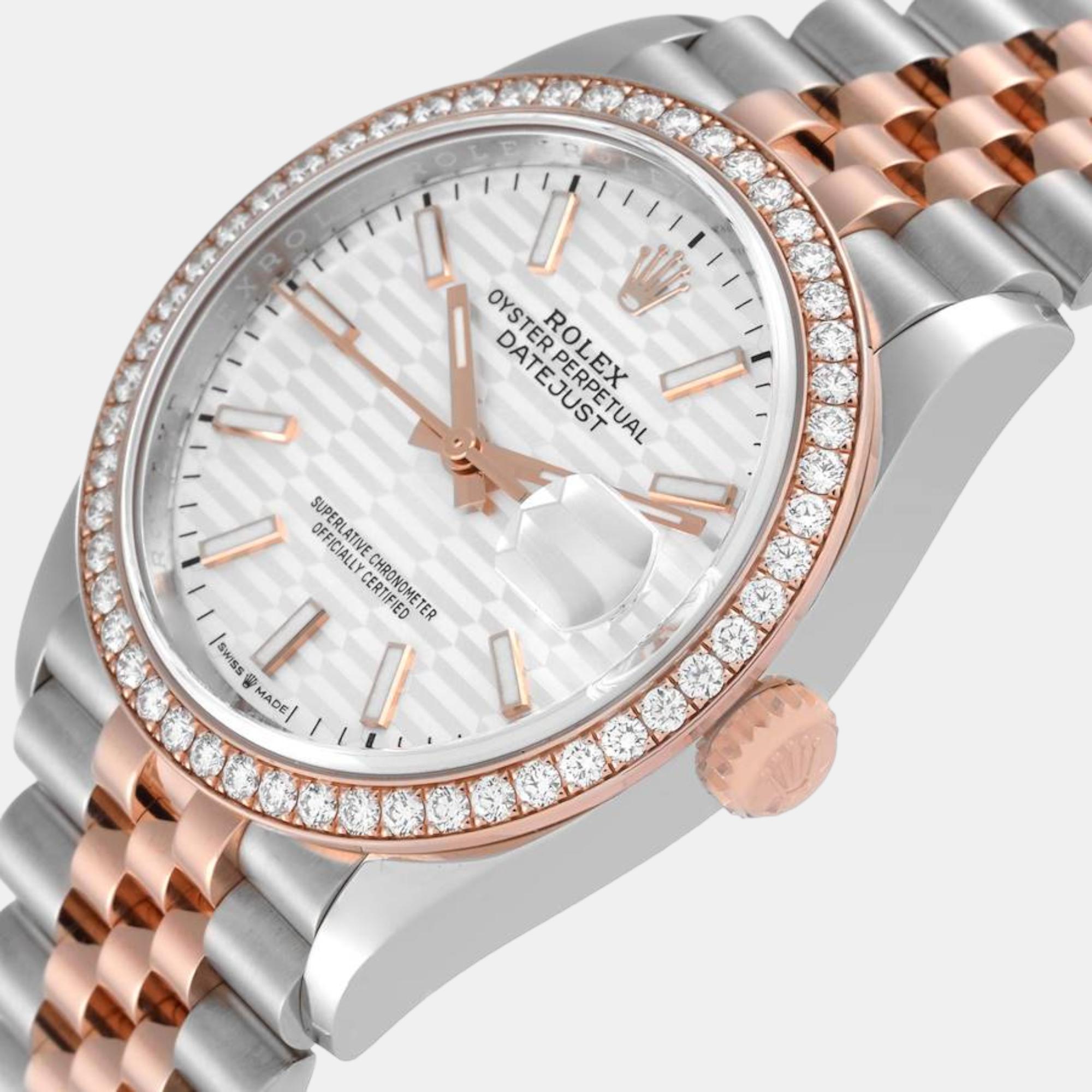 

Rolex Datejust 36 Fluted Dial Diamond Bezel Steel Rose Gold Men's Watch 126281 36 mm, Silver