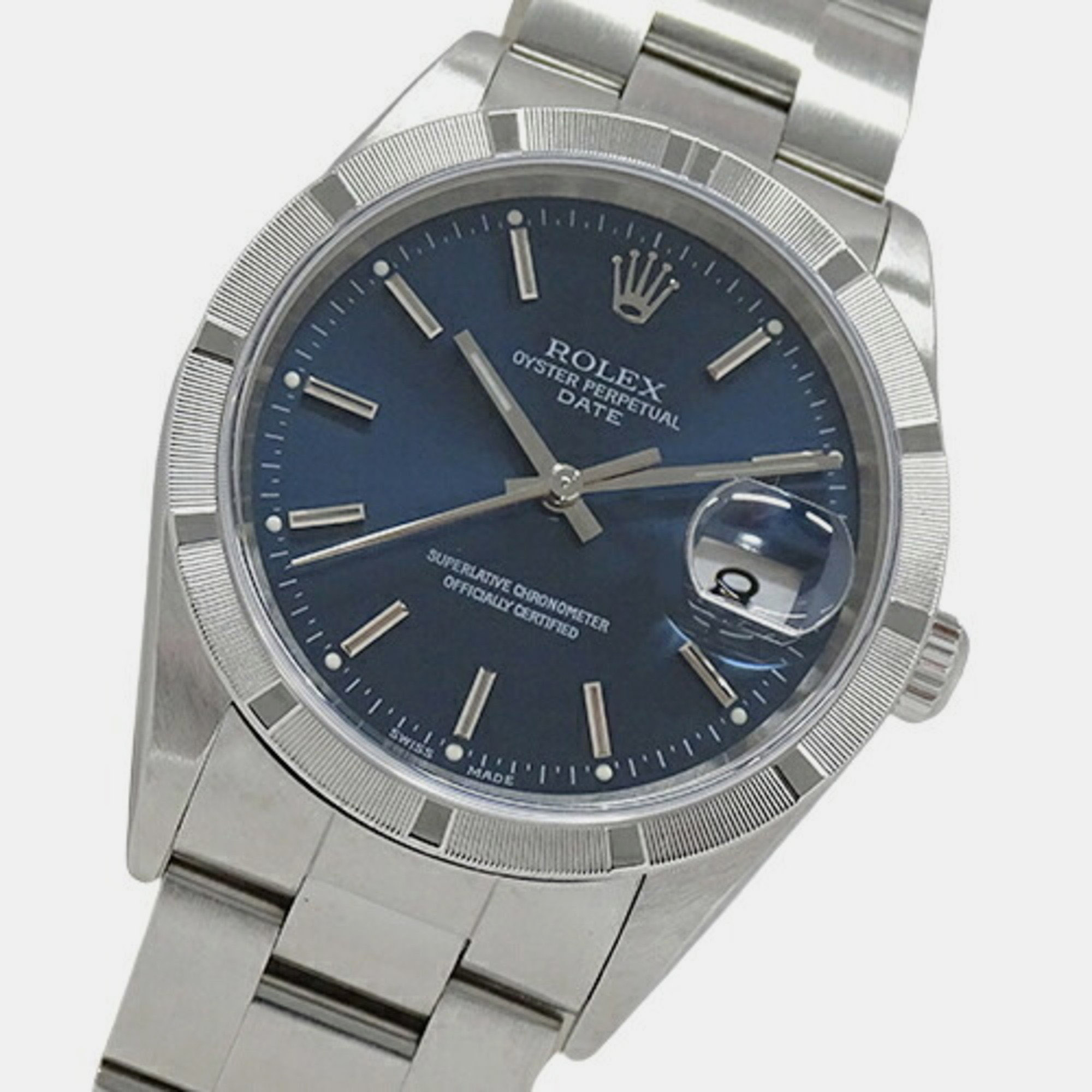 

Rolex Blue Stainless Steel Oyster Perpetual Date 15210 Automatic Men's Wristwatch 35 mm