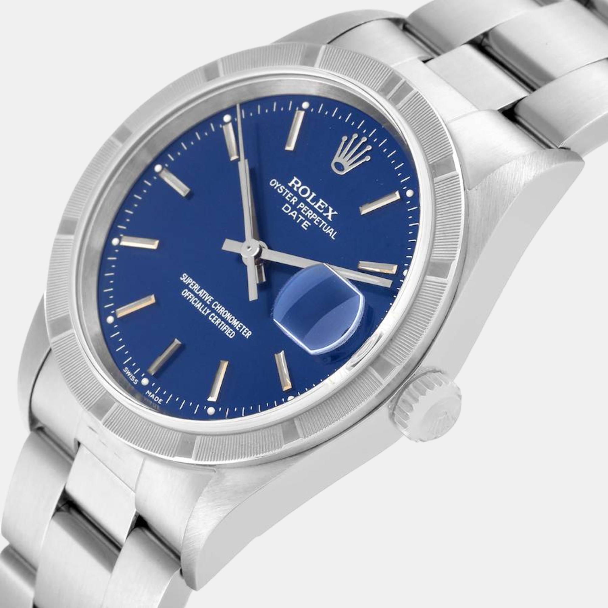 

Rolex Date Blue Dial Engine Turned Bezel Steel Men's Watch 15210 34 mm