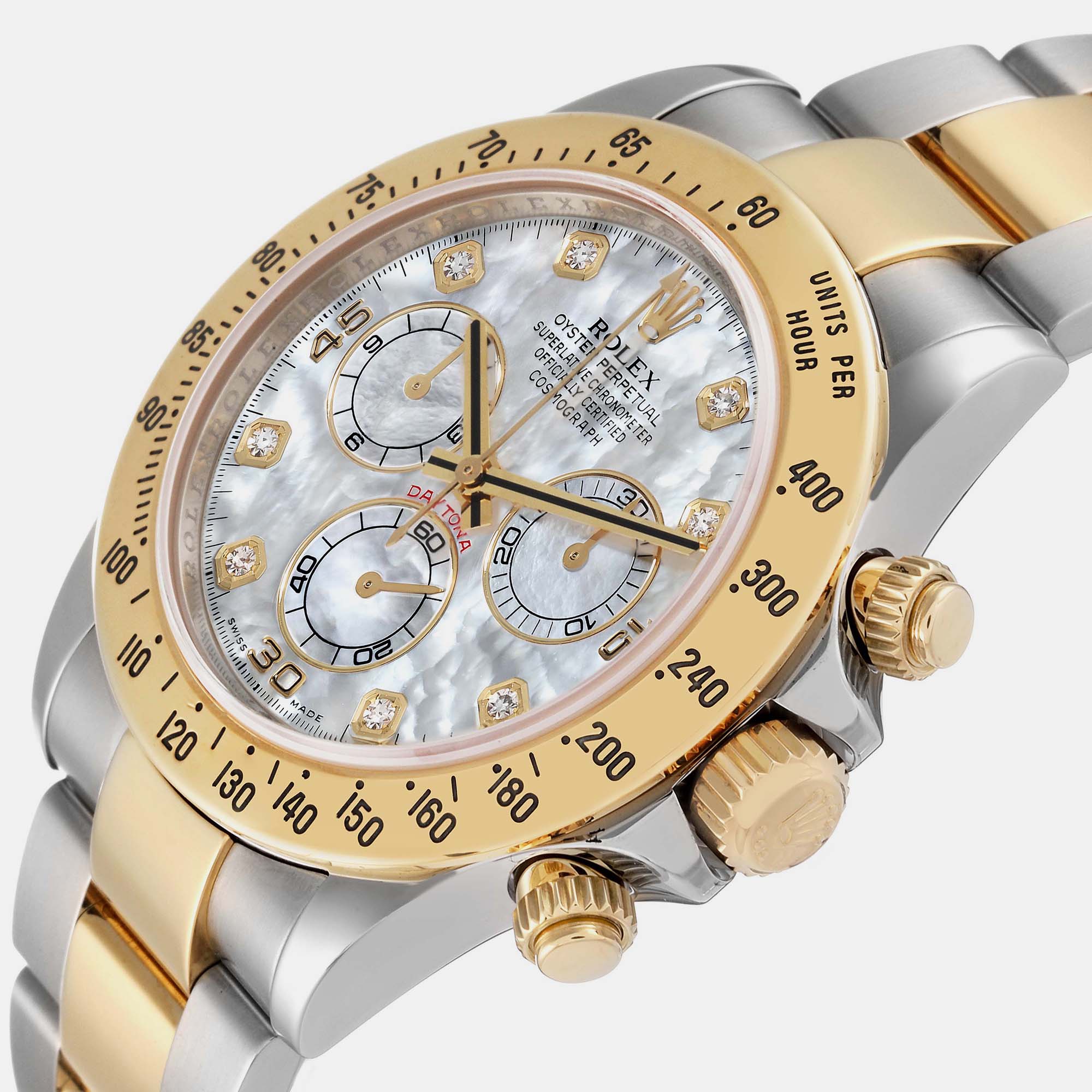 

Rolex Daytona Yellow Gold Steel Mother of Pearl Diamond Mens Watch 116523 40 mm, White