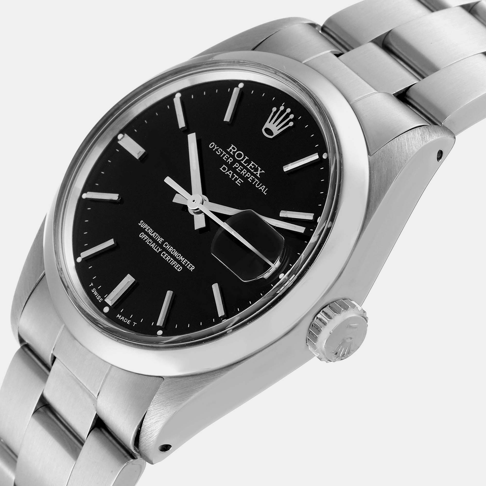 

Rolex Date Smooth Bezel Black Dial Steel Vintage Men's Watch 1500 35 mm