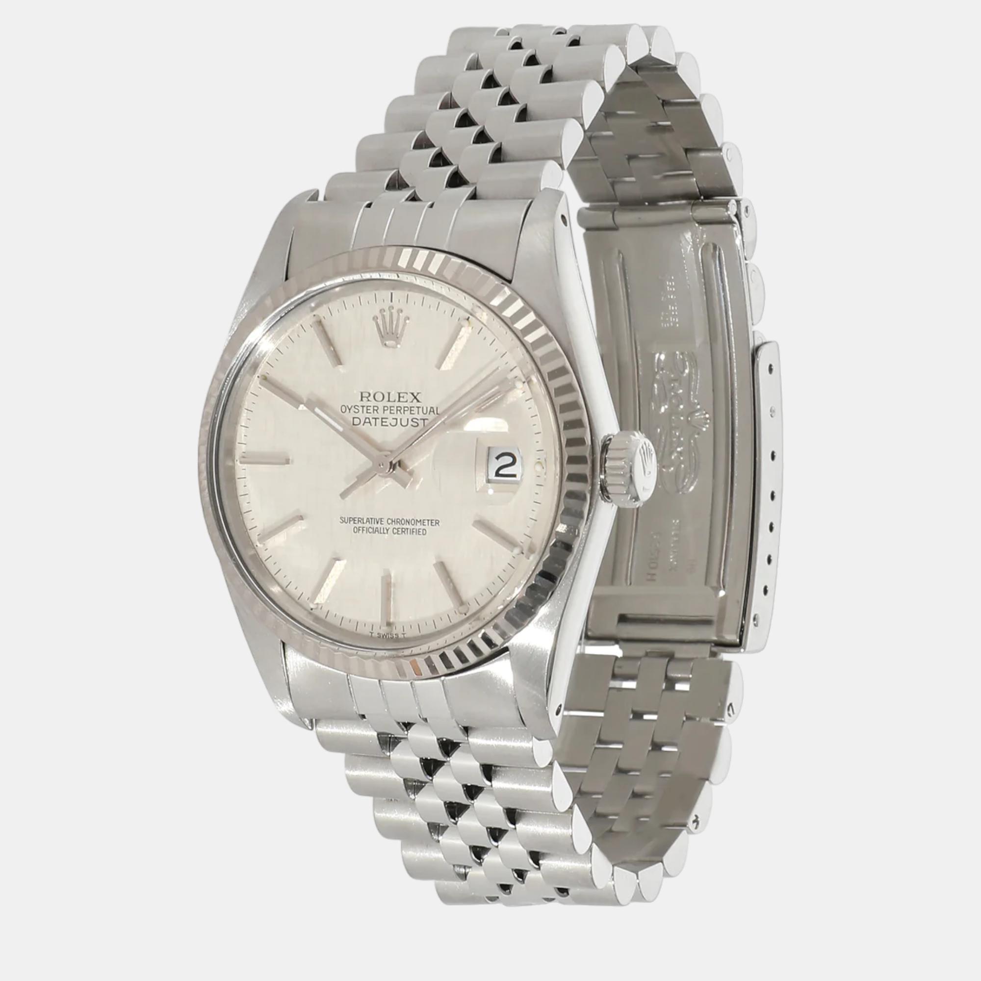 

Rolex Silver 18k White Gold And Stainless Steel Datejust 16014 Automatic Men's Wristwatch 36 mm