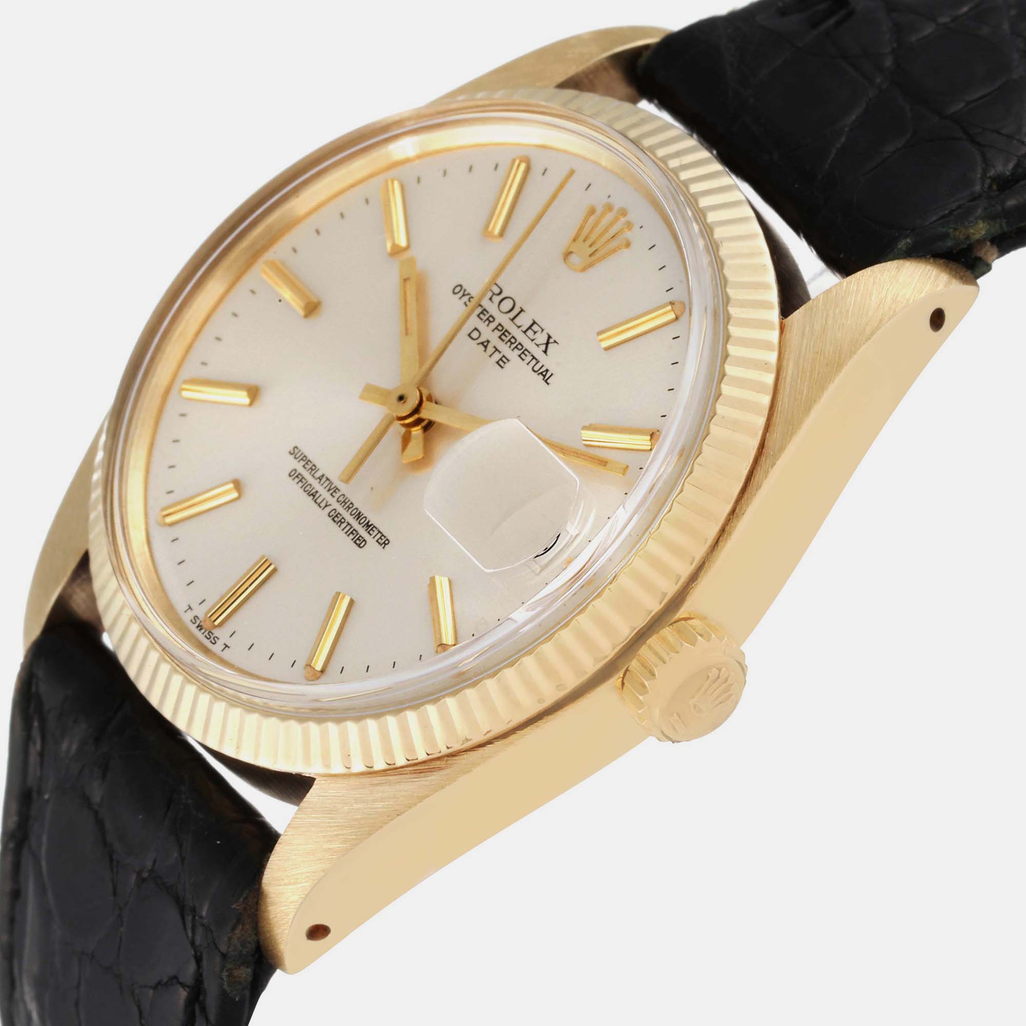 

Rolex Date Yellow Gold Champagne Dial Leather Strap Vintage Men's Watch 1503 34 mm, Grey