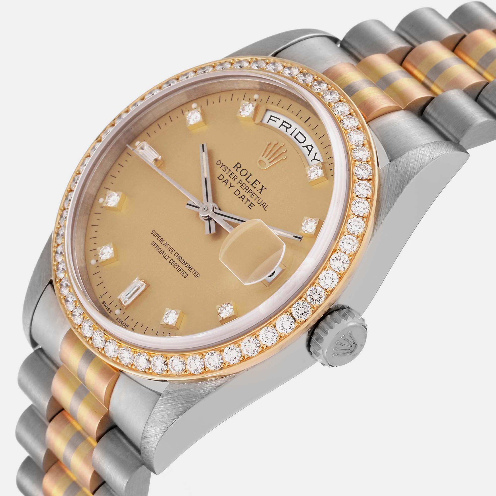 

Rolex President Day-Date Tridor White Yellow Rose Gold Diamond Men's Watch 18349 36 mm