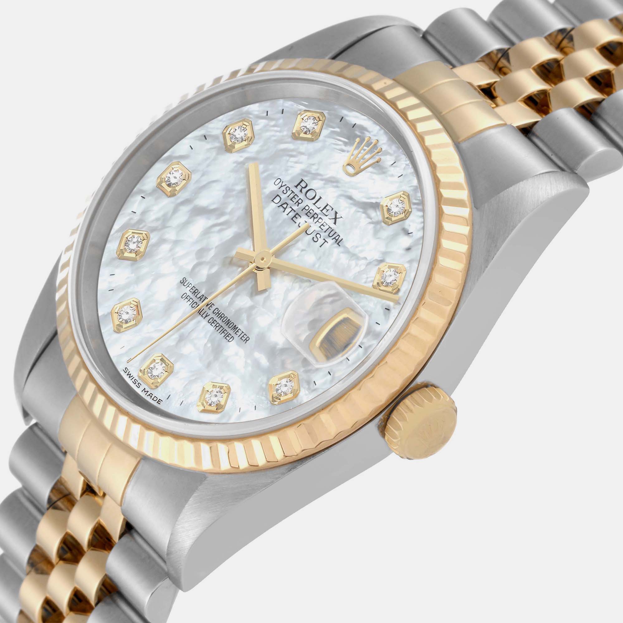 

Rolex Datejust Steel Yellow Gold Mother Of Pearl Diamond Dial Men's Watch 16233 36 mm, Silver