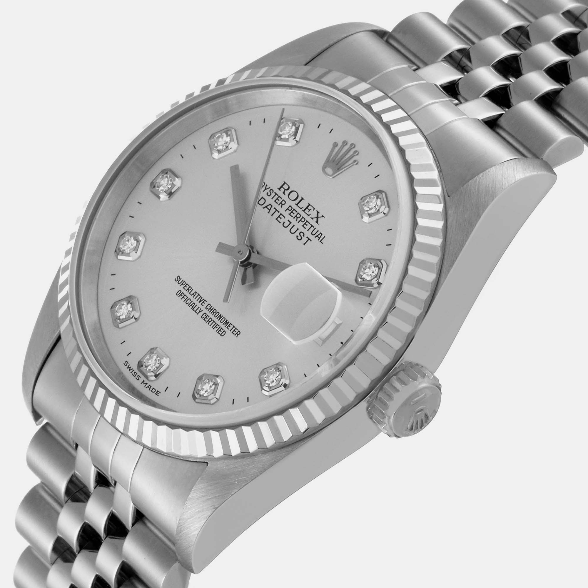 

Rolex Datejust Steel White Gold Diamond Dial Men's Watch 16234 36 mm, Silver