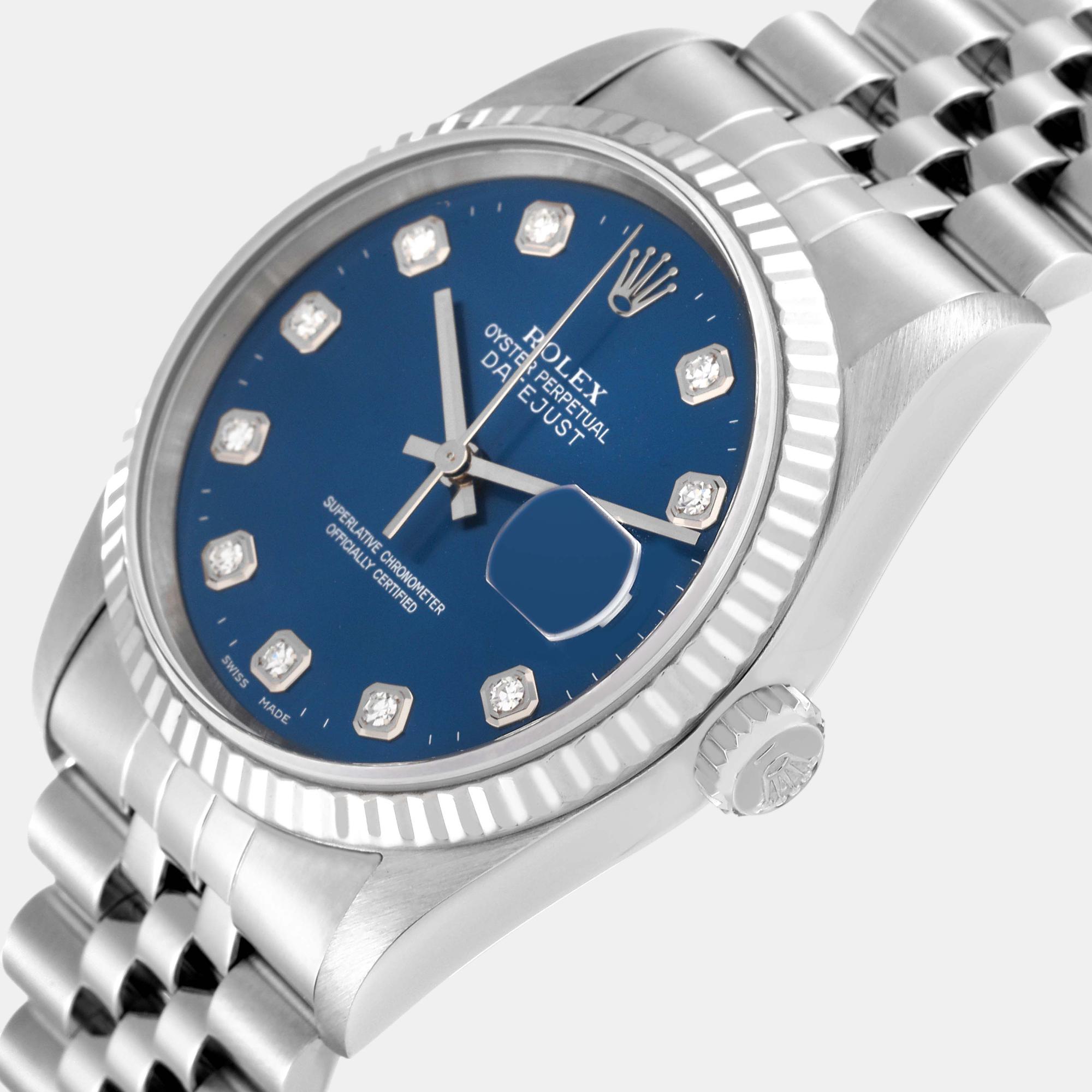 

Rolex Datejust Steel White Gold Blue Diamond Dial Men's Watch 16234 36 mm