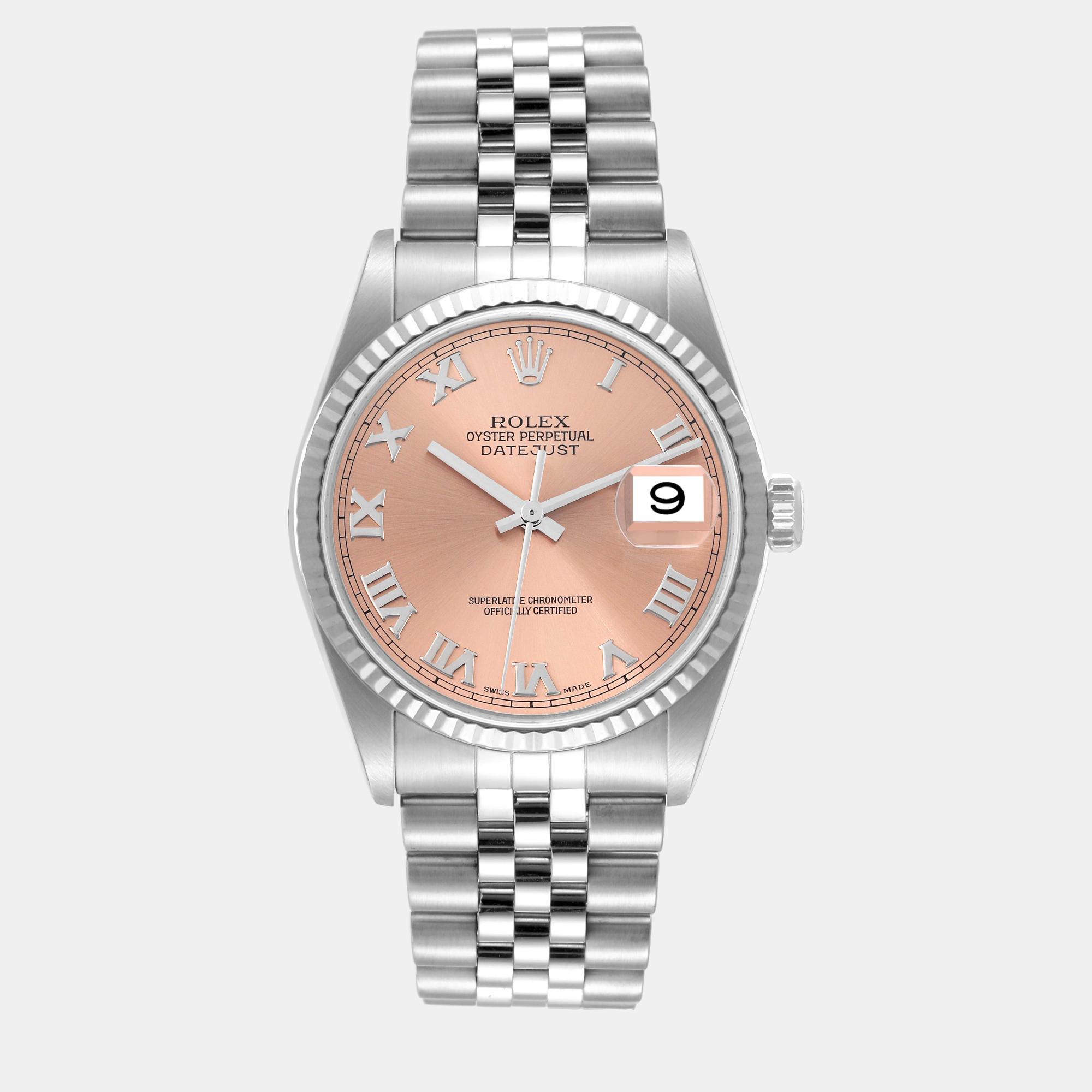 Pre-owned Rolex Datejust 36 Steel White Gold Salmon Roman Dial Men's Watch 16234 36 Mm In Pink