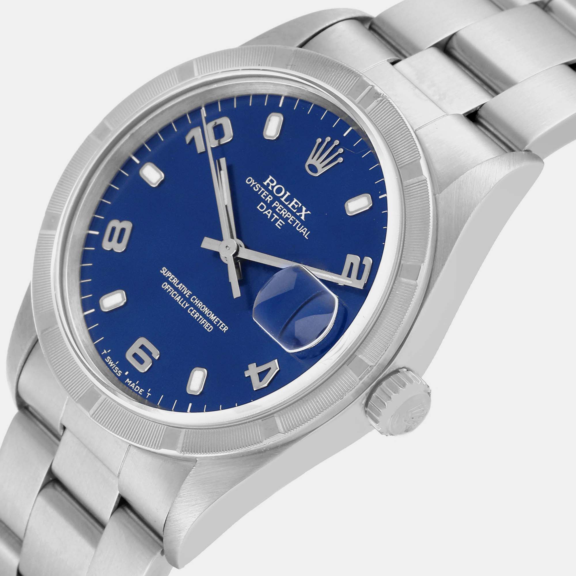 

Rolex Date Blue Dial Engine Turned Bezel Steel Mens Watch