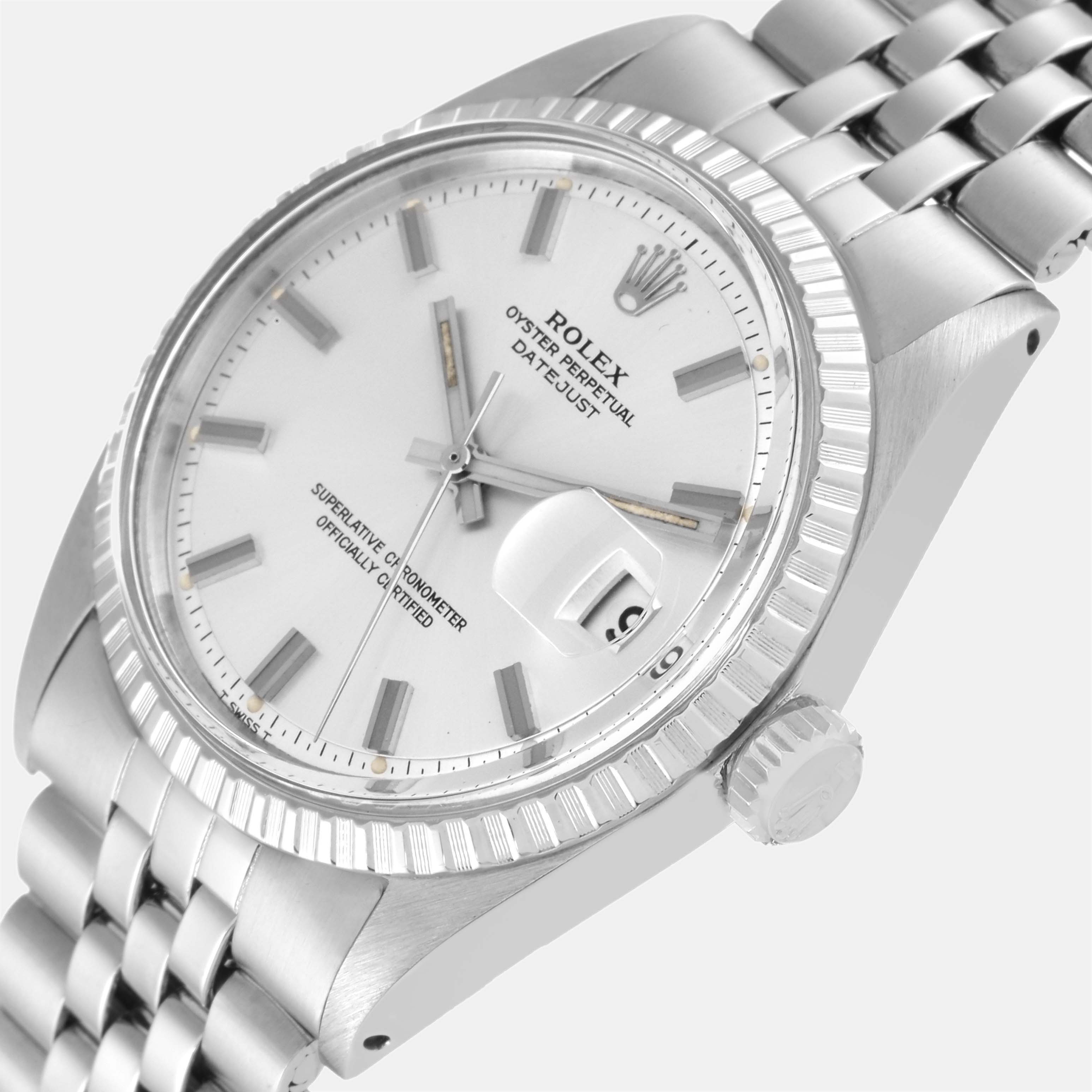 

Rolex Datejust Silver Dial Engine Turned Bezel Steel Vintage Men's Watch 1603 36 mm