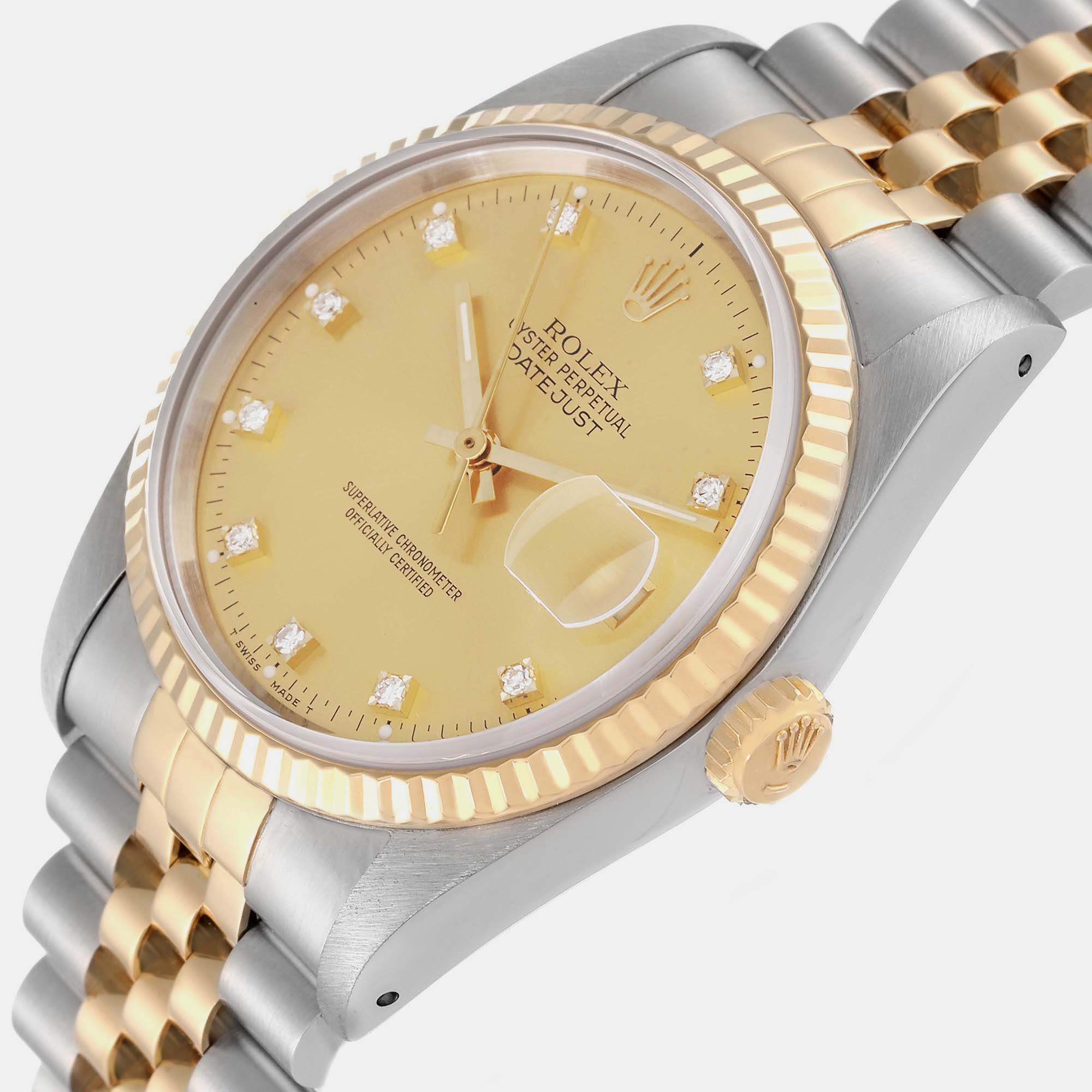 

Rolex Datejust Champagne Diamond Dial Steel Yellow Gold Mens Watch 16233 36 mm