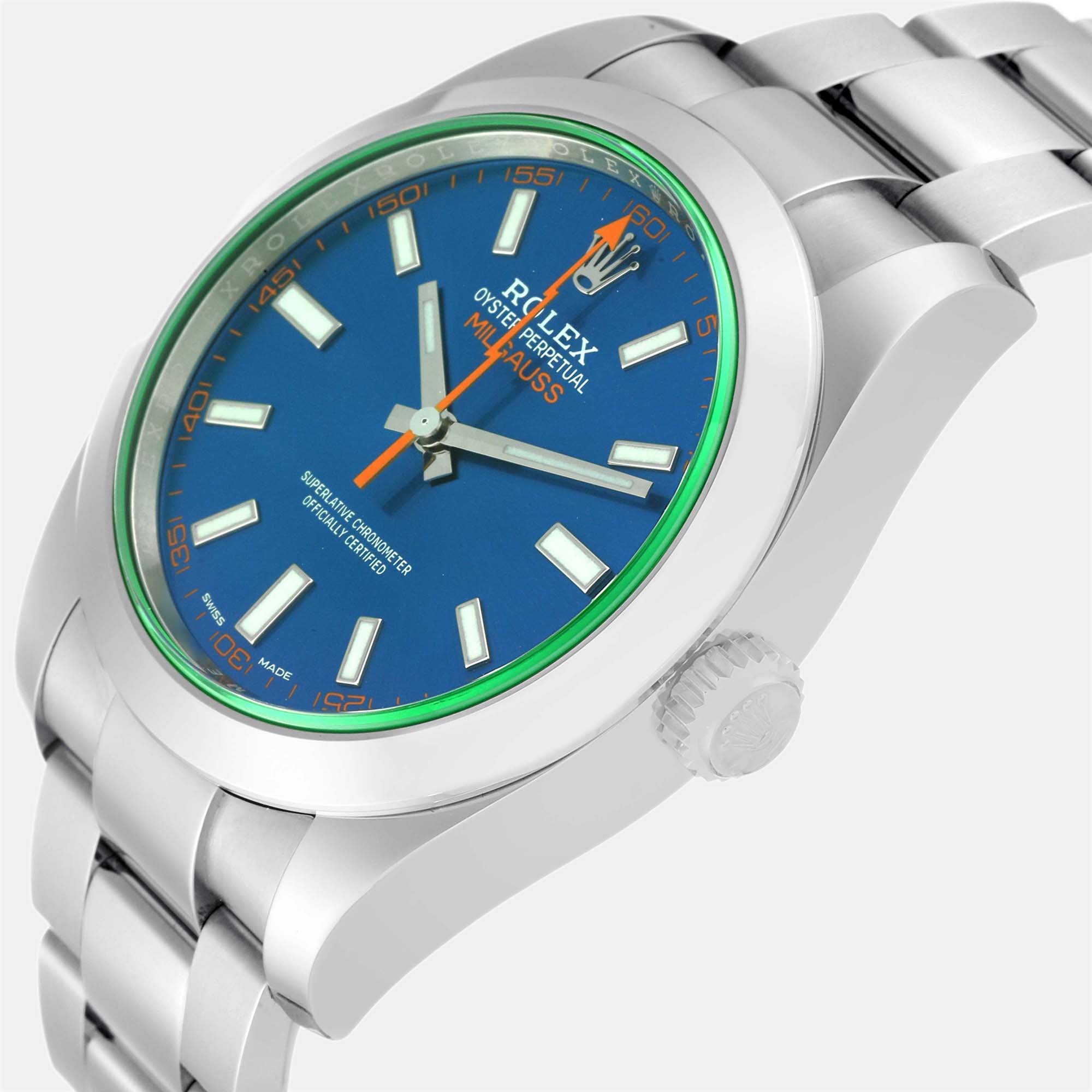 

Rolex Milgauss Blue Dial Green Crystal Steel Men's Watch 116400GV 40 mm