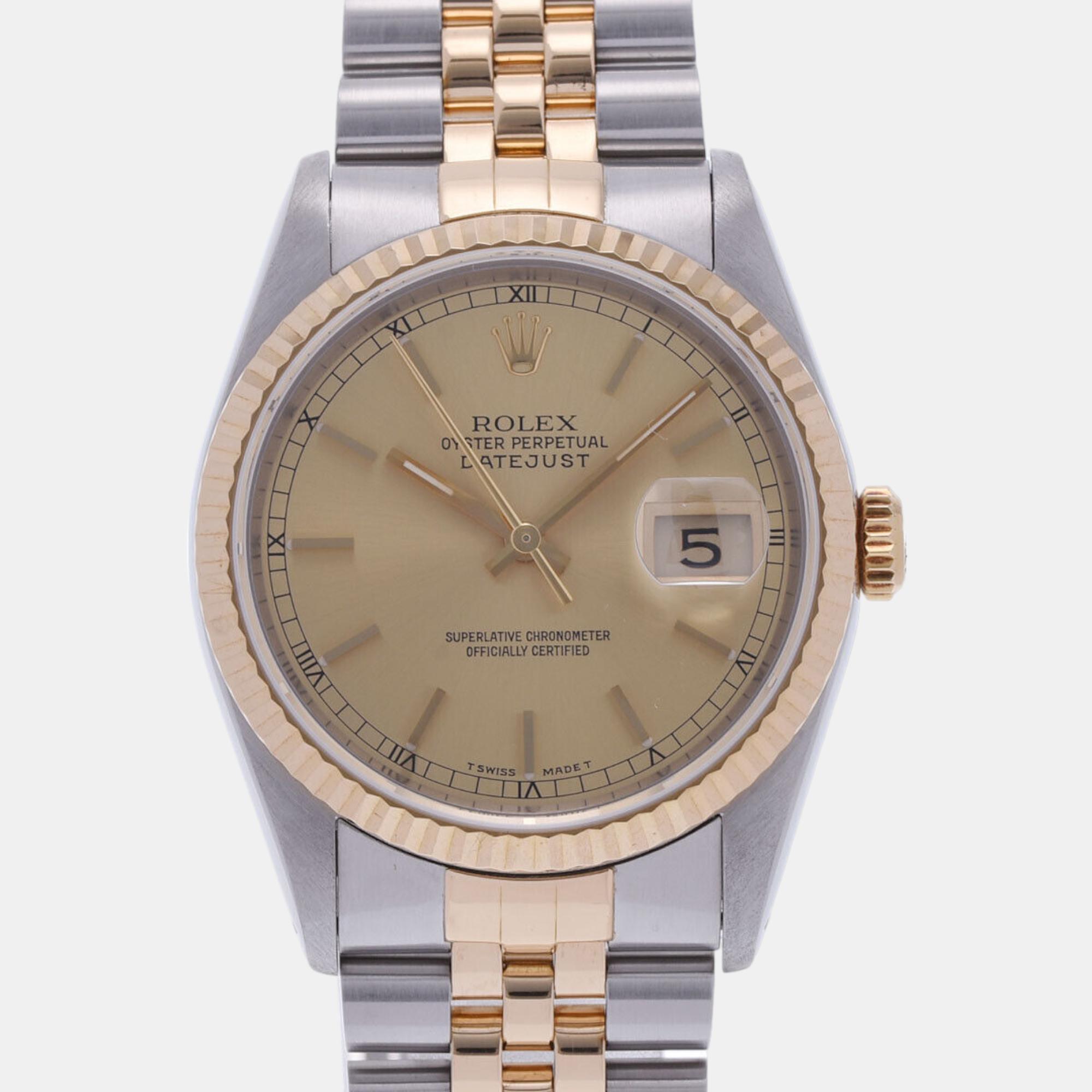 Pre-owned Rolex Champagne 18k Yellow Gold And Stainless Steel Datejust 16233 Automatic Men's Wristwatch 36 Mm
