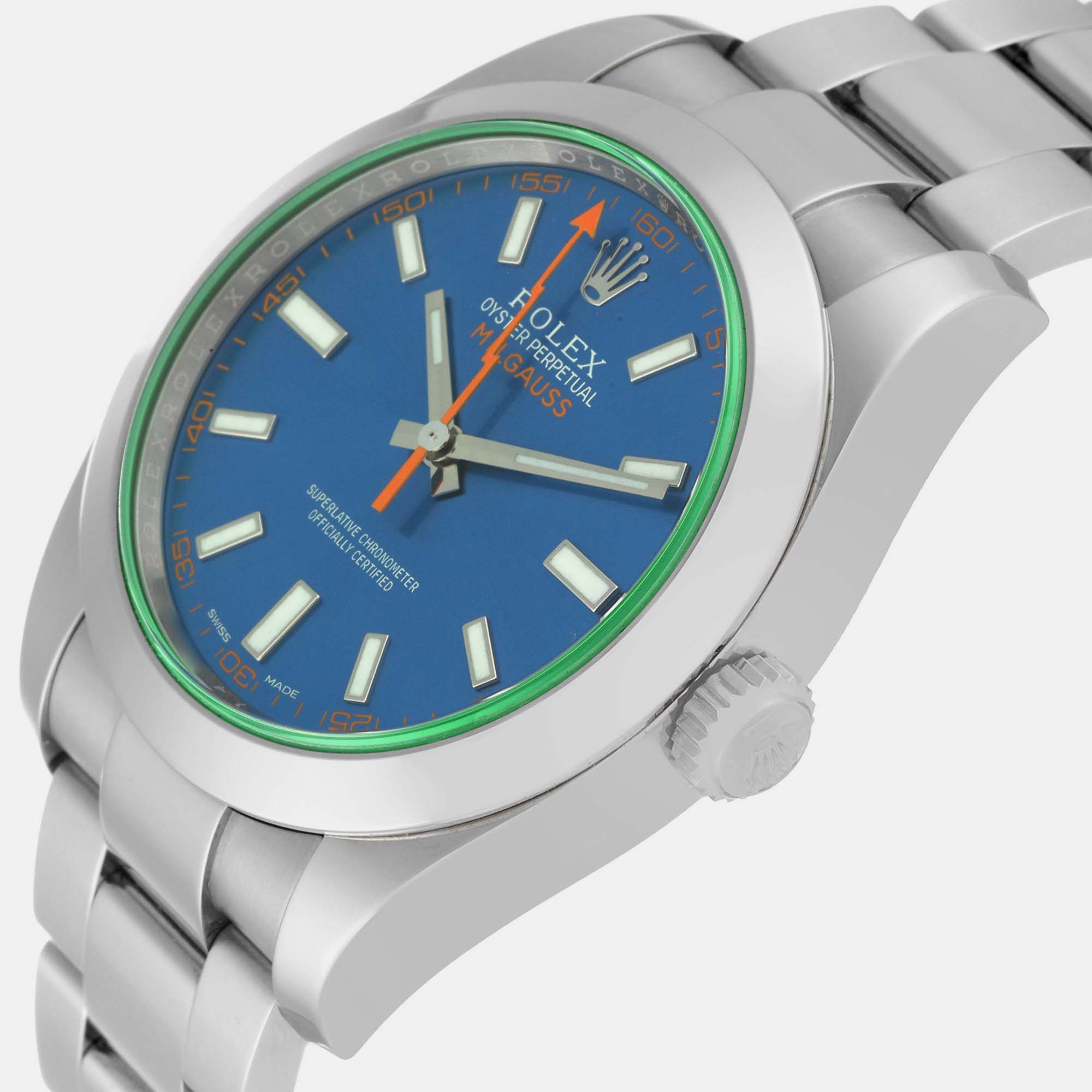 

Rolex Milgauss Blue Dial Green Crystal Steel Men's Watch 116400GV 40 mm