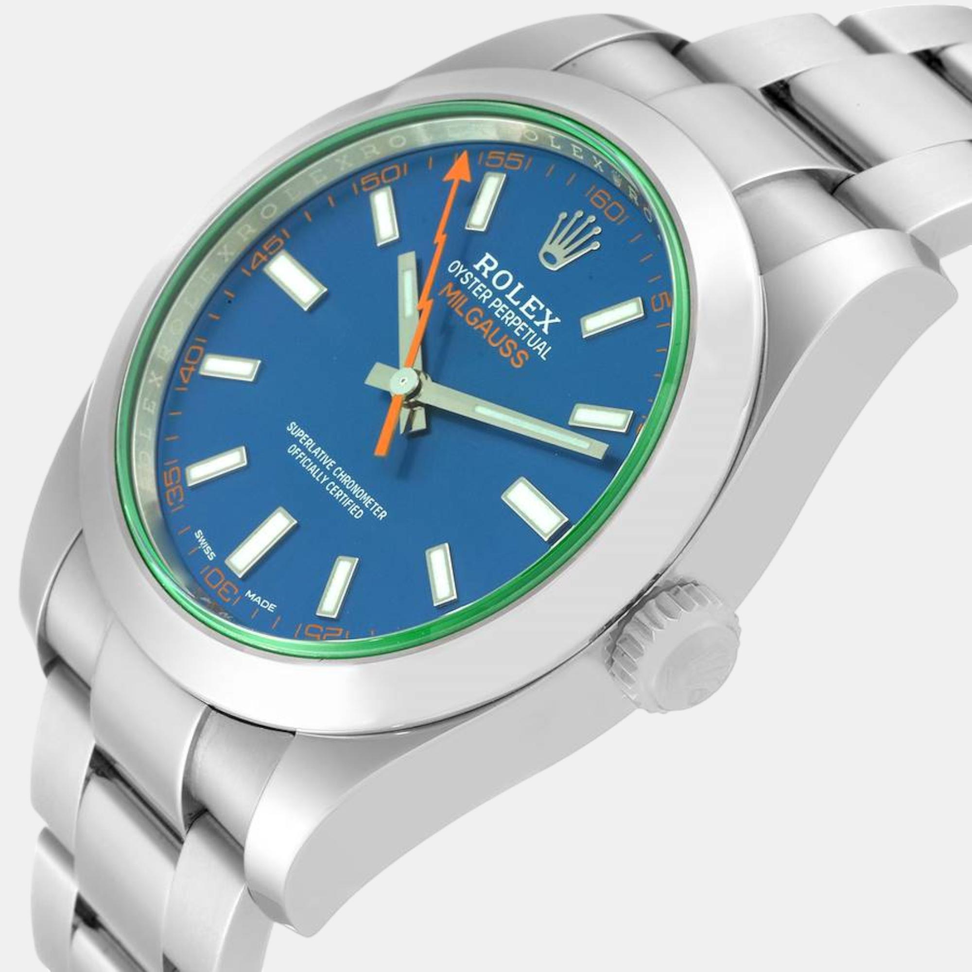 

Rolex Milgauss Blue Dial Green Crystal Steel Mens Watch 116400GV