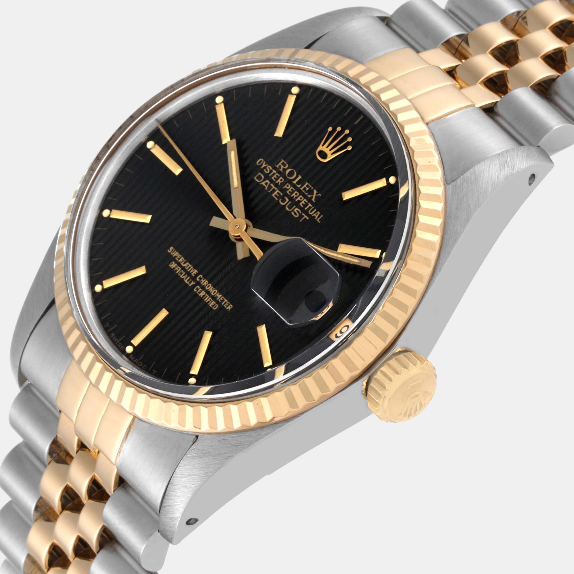 

Rolex Datejust Black Tapestry Dial Steel Yellow Gold Vintage Mens Watch 16013