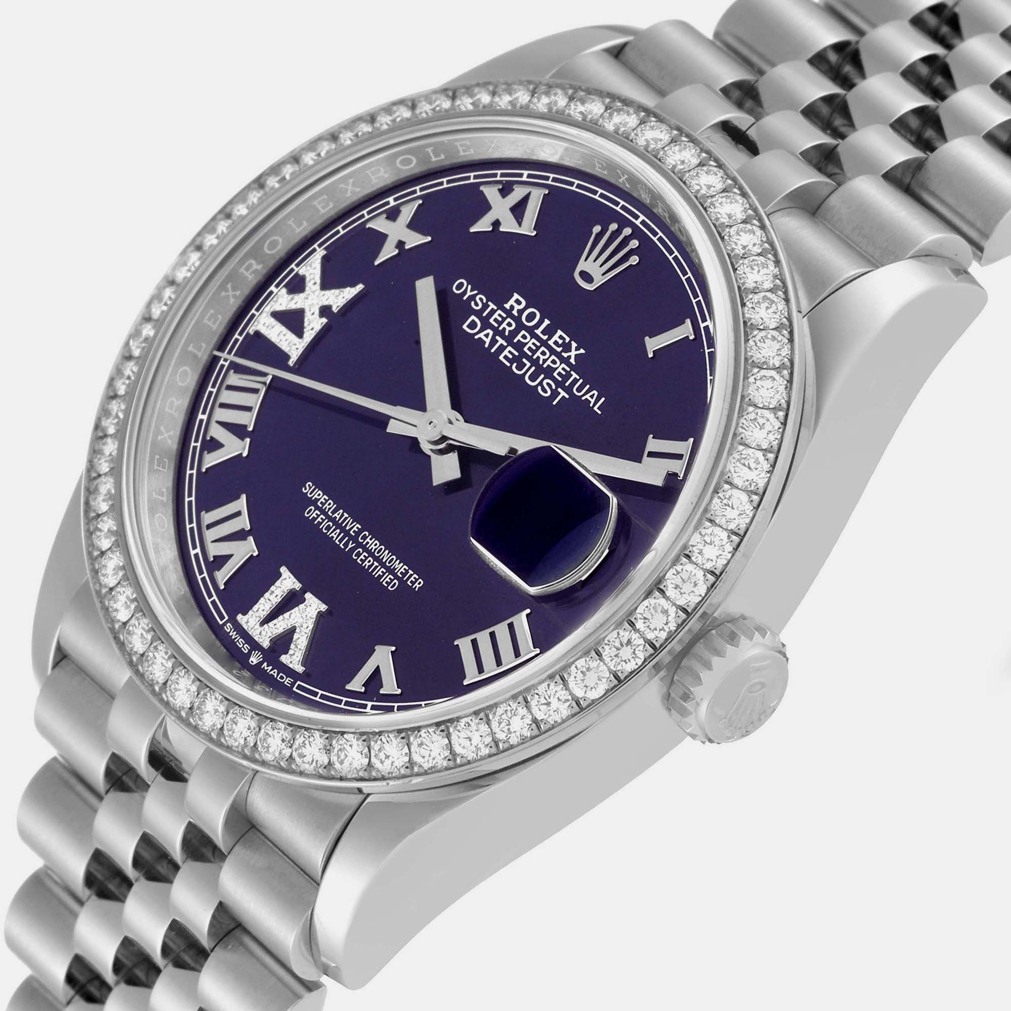 

Rolex Datejust Steel Purple Diamond Dial Bezel Mens Watch 126284 36 mm