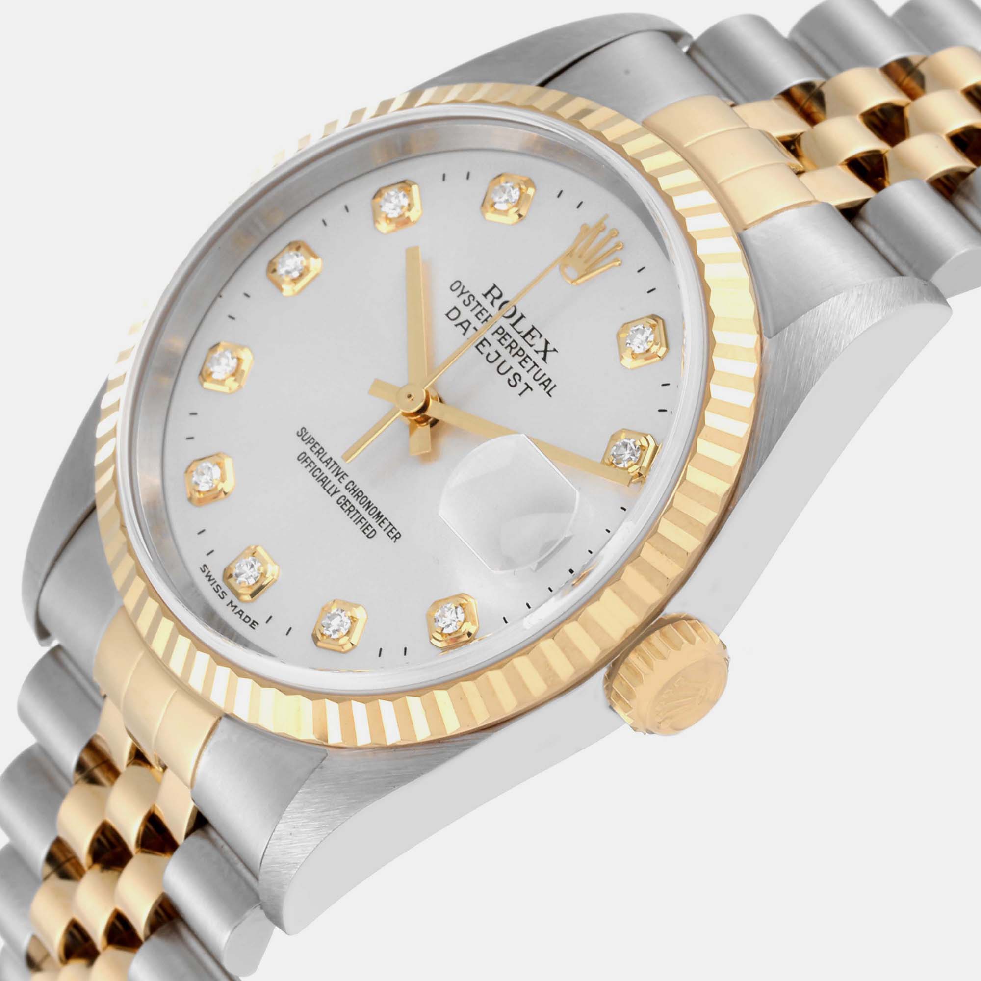 

Rolex Datejust Diamond Dial Steel Yellow Gold Mens Watch 16233 36 mm, Silver
