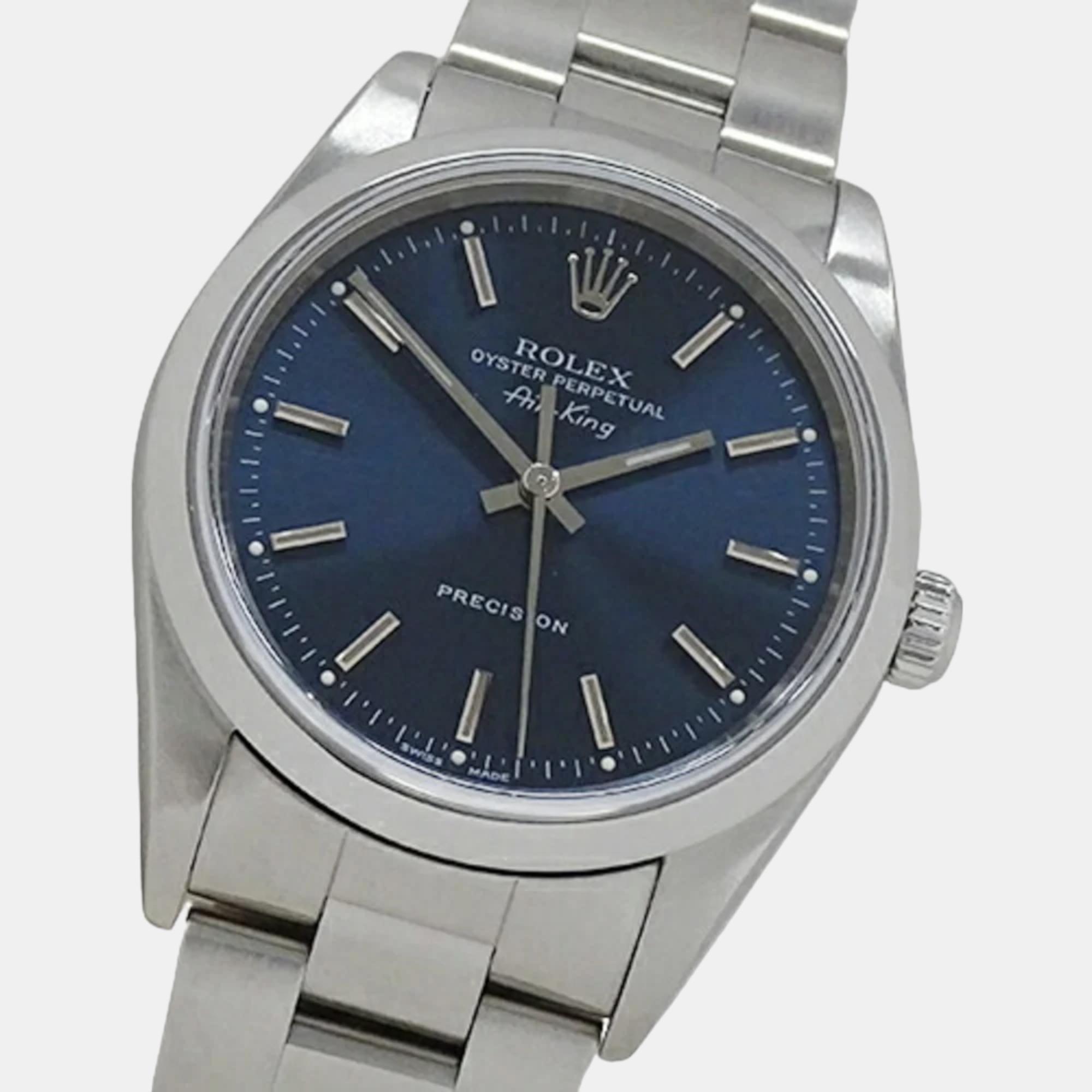 

Rolex Blue Stainless Steel Air-King 14000 Automatic Men's Wristwatch 34 mm