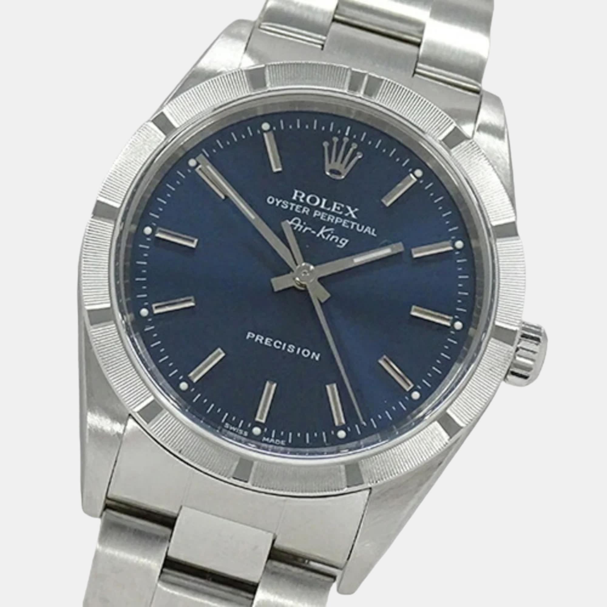 

Rolex Blue Stainless Steel Air-King 14010 Automatic Men's Wristwatch 34 mm