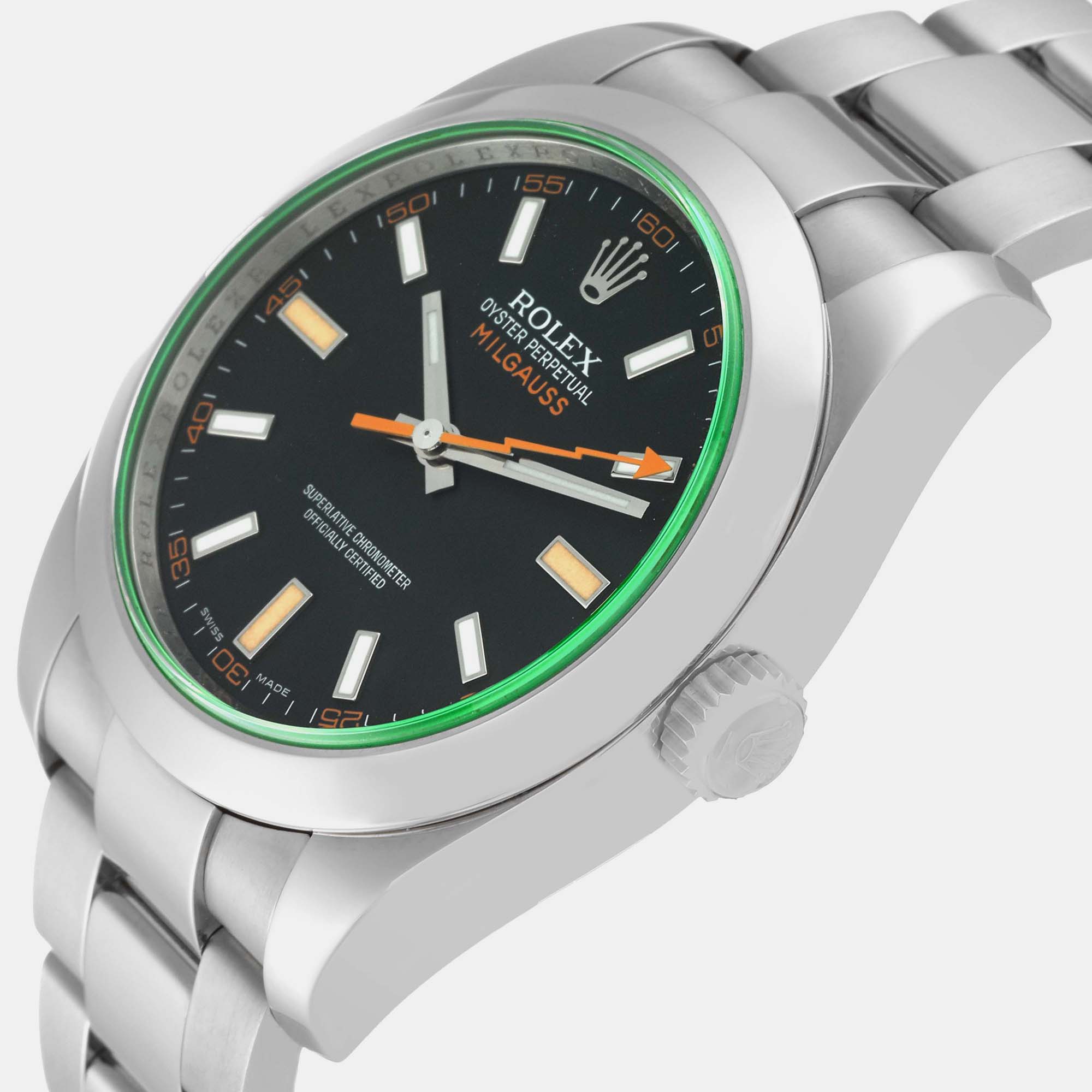 

Rolex Milgauss Black Dial Green Crystal Steel Mens Watch 116400 40 mm