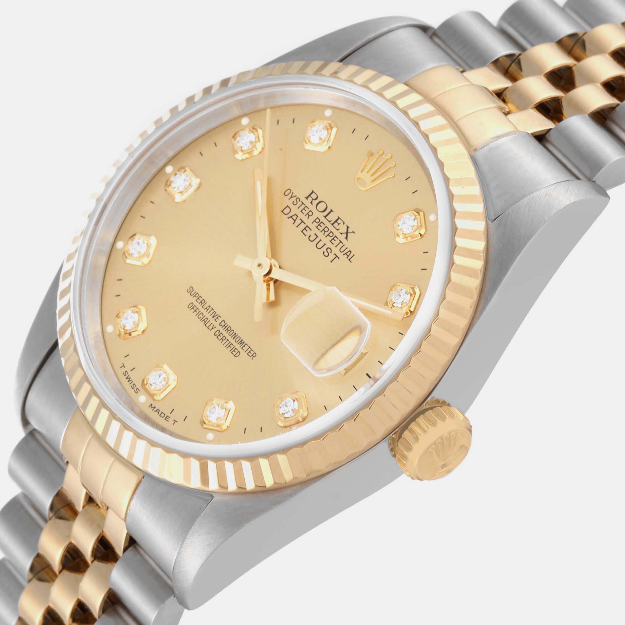 

Rolex Datejust Champagne Diamond Dial Steel Yellow Gold Mens Watch 16233