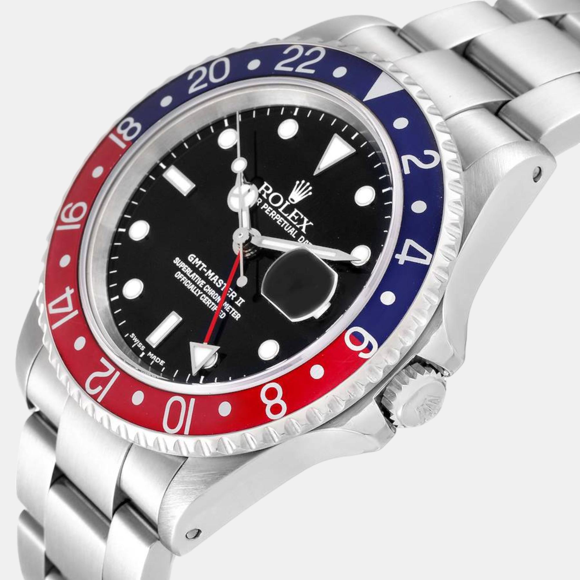 

Rolex GMT Master II Blue Red Pepsi Bezel Steel Mens Watch 16710, Black