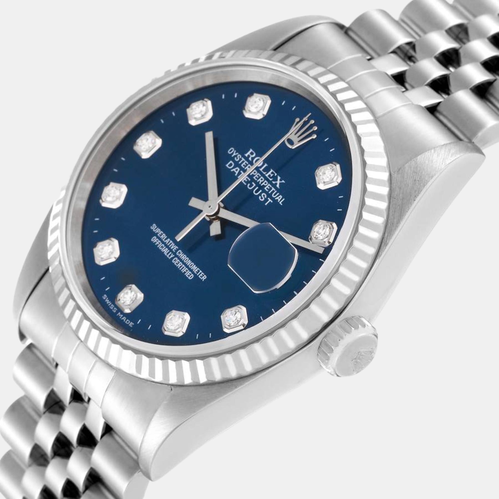 

Rolex Datejust Blue Diamond Dial Steel White Gold Mens Watch 16234