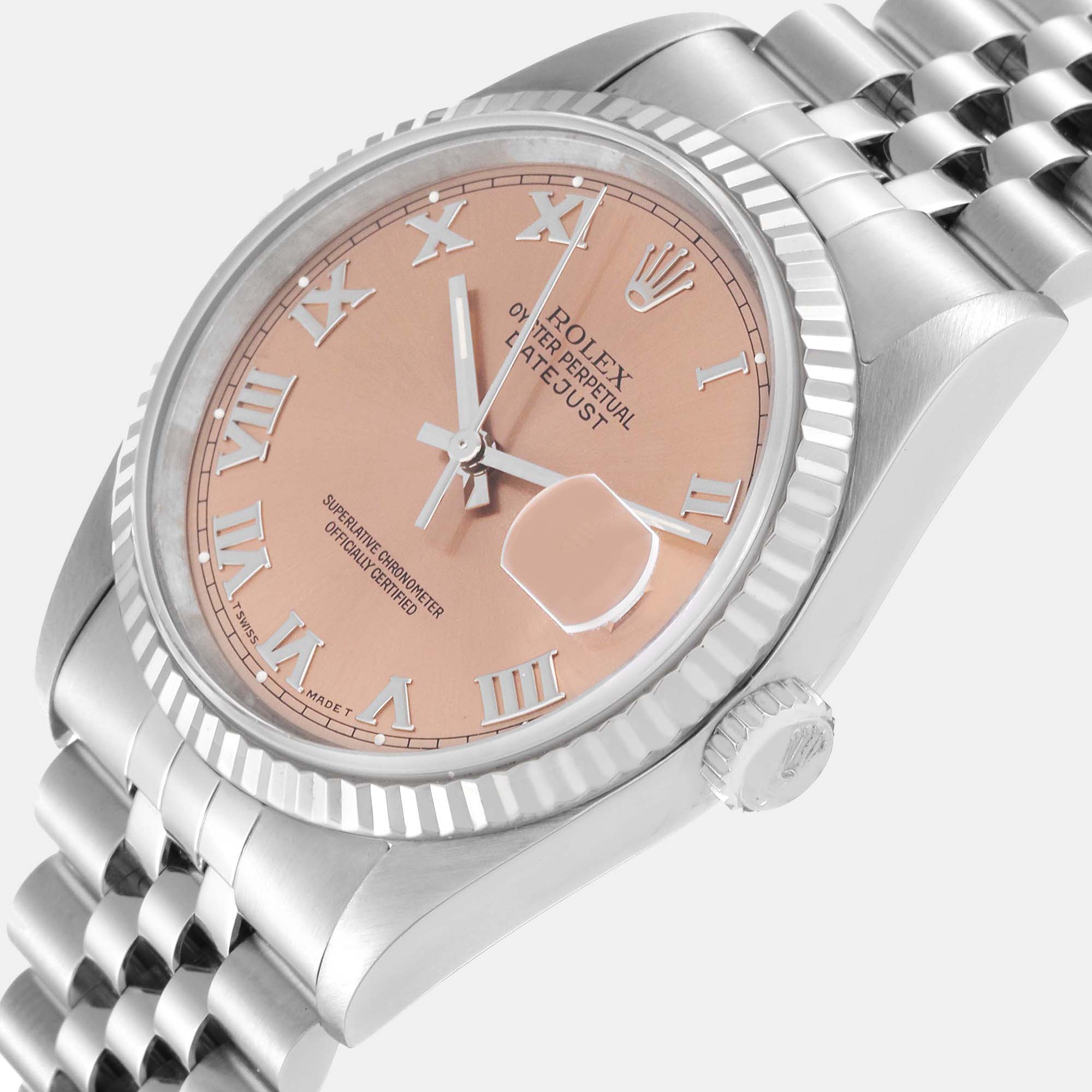 

Rolex Datejust 36 Steel White Gold Salmon Roman Dial Mens Watch 16234, Pink