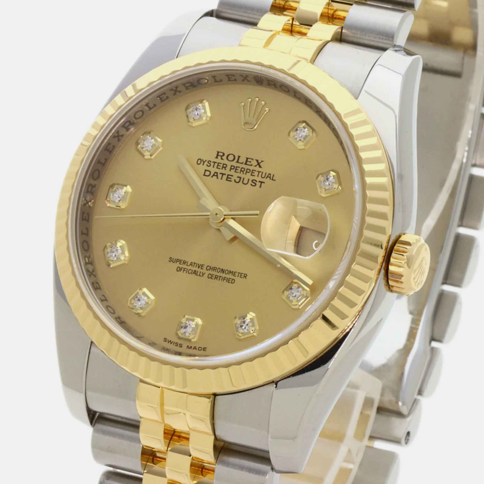 

Rolex Champagne Diamond 18k Yellow Gold And Stainless Steel Datejust 116233 Automatic Men's Wristwatch 36 mm