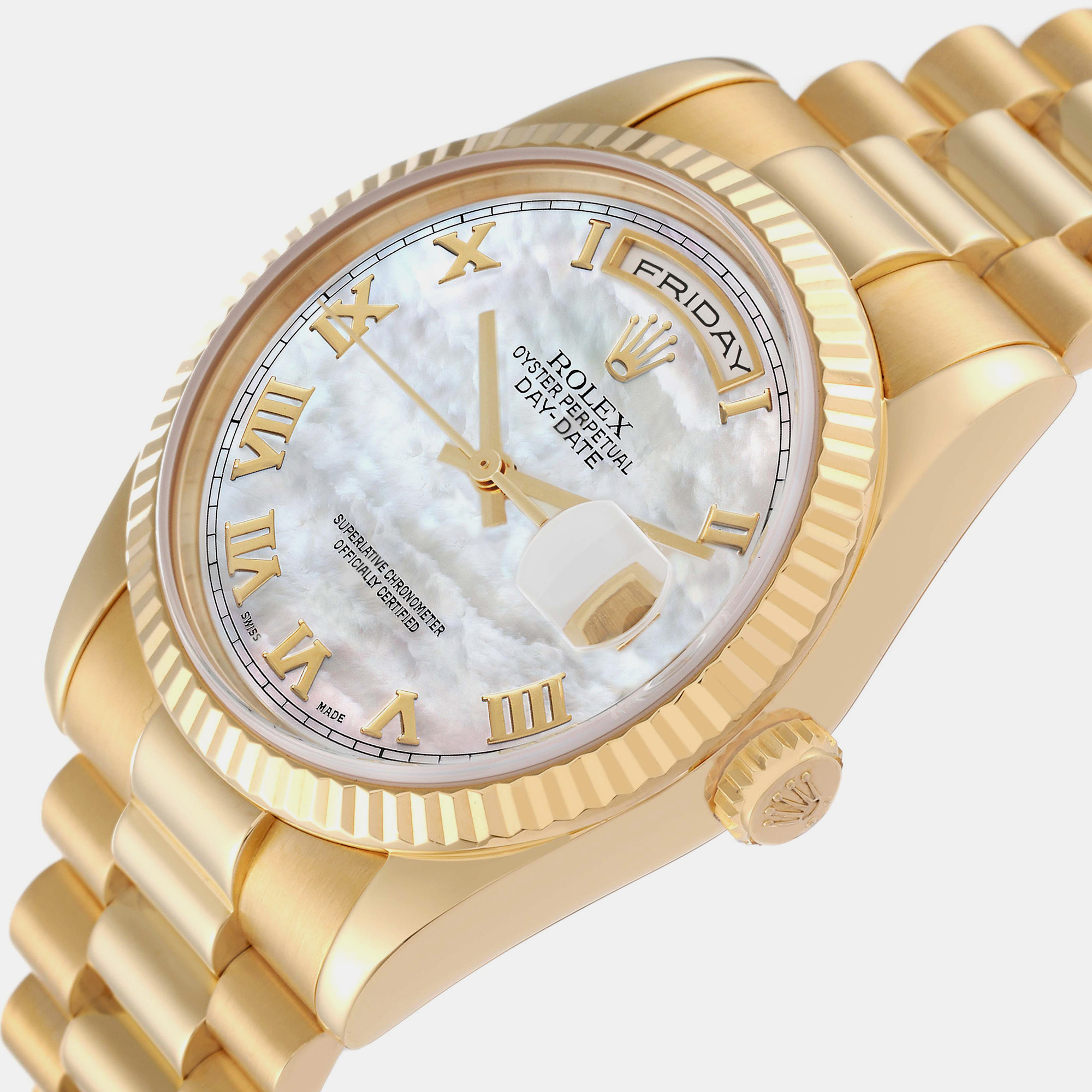 

Rolex Day-Date President Yellow Gold Mother Of Pearl Dial Men's Watch 118238 36 mm, Silver