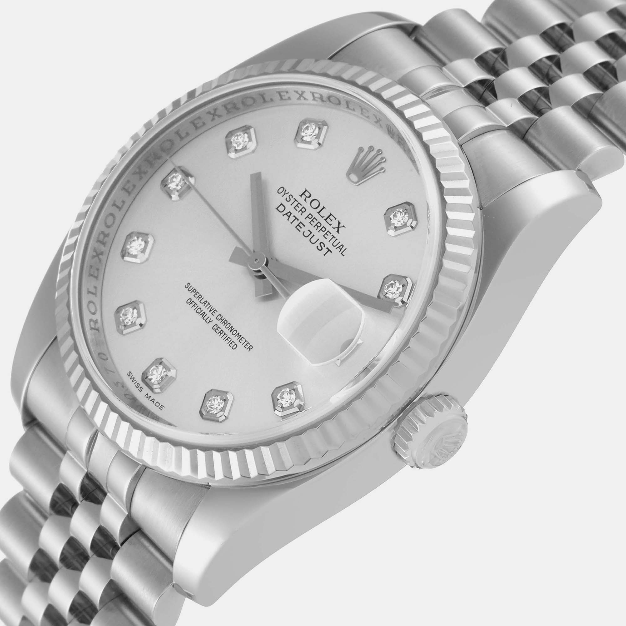 

Rolex Datejust Steel White Gold Silver Diamond Dial Mens Watch 116234 36 mm