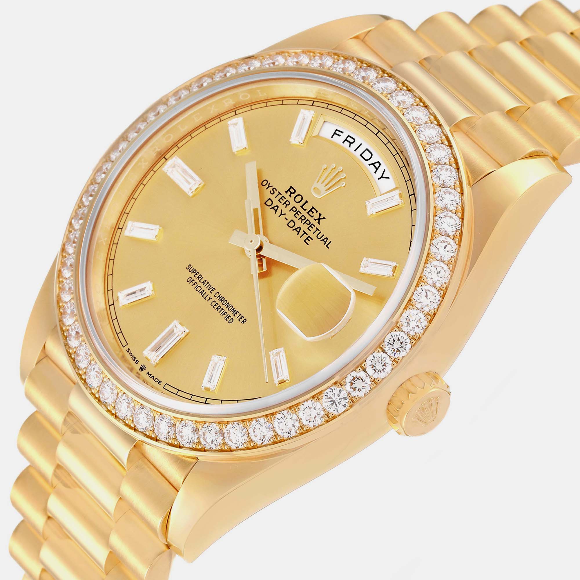 

Rolex Day-Date 40 President Yellow Gold Diamond Bezel Mens Watch 228348