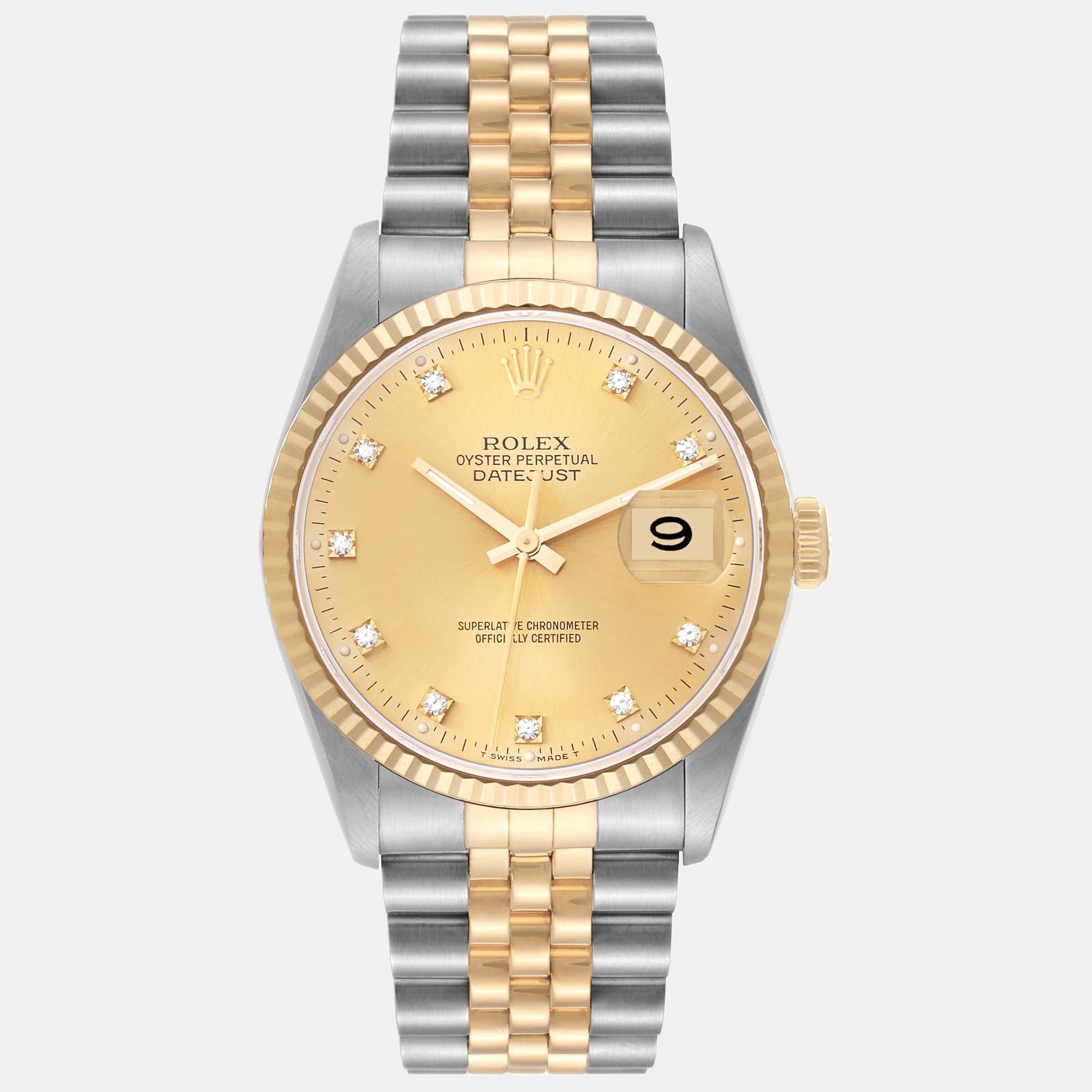 Pre-owned Rolex Datejust Champagne Diamond Dial Steel Yellow Gold Men's Watch 16233 36 Mm