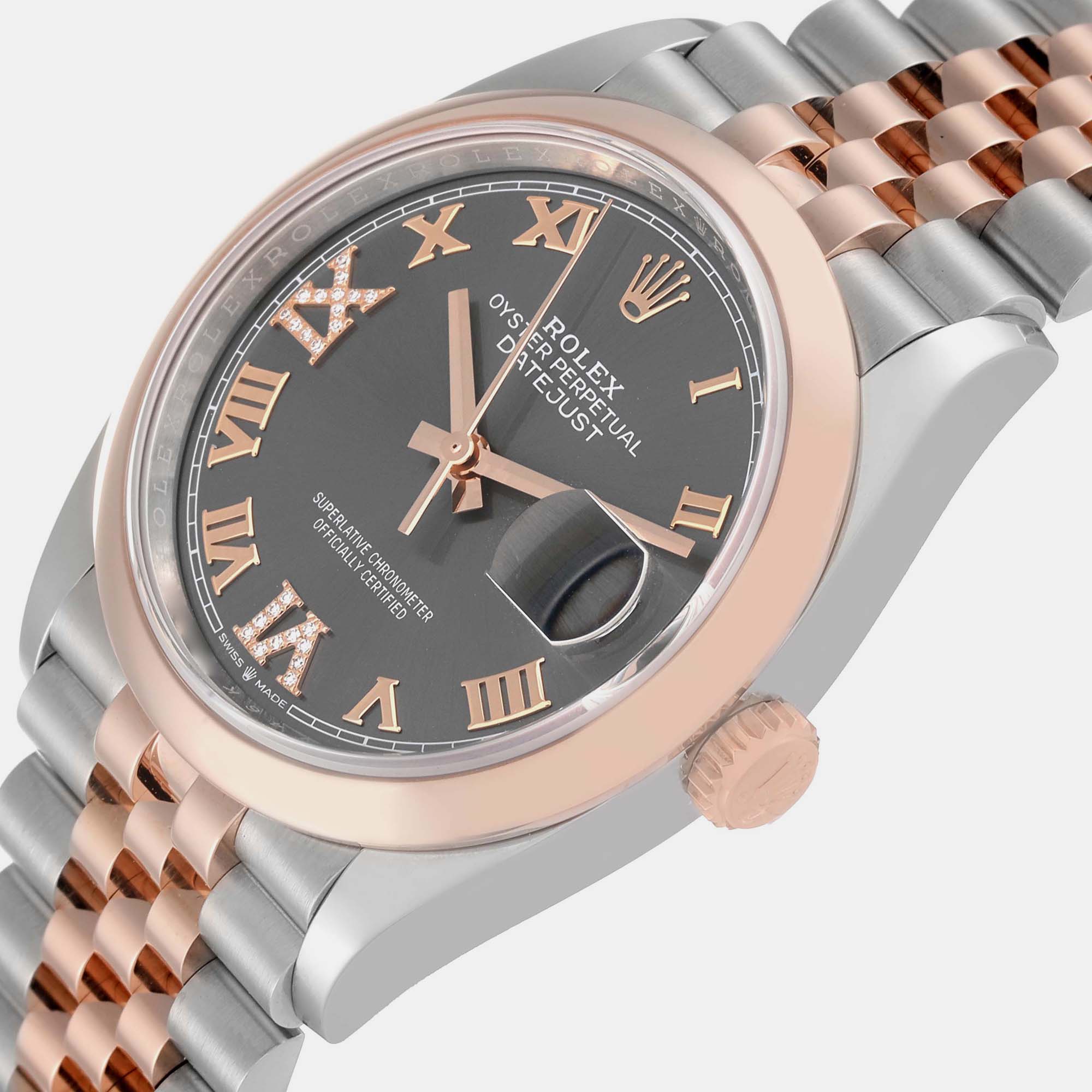 

Rolex Datejust 36 Steel Rose Gold Slate Diamond Dial Mens Watch 126201, Grey