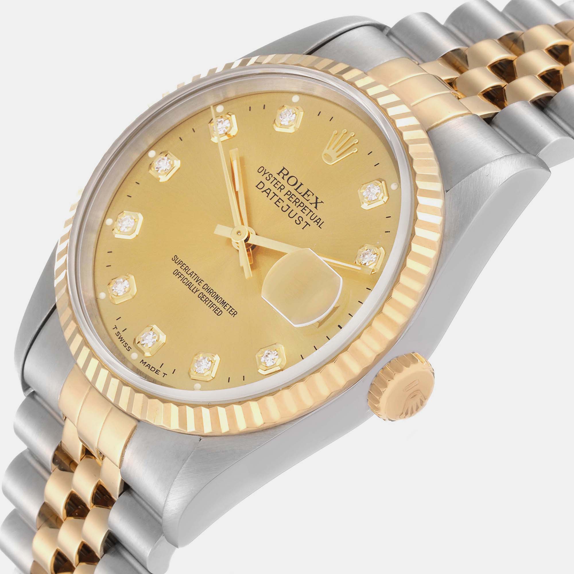 

Rolex Datejust Champagne Diamond Dial Steel Yellow Gold Mens Watch 16233