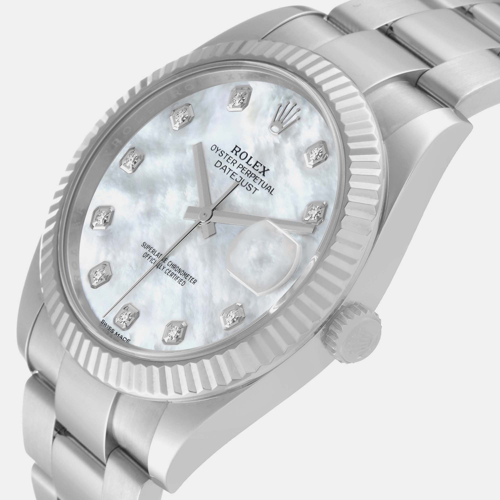 

Rolex Datejust 41 Steel White Gold Mother Of Pearl Diamond Dial Mens Watch 126334, Silver